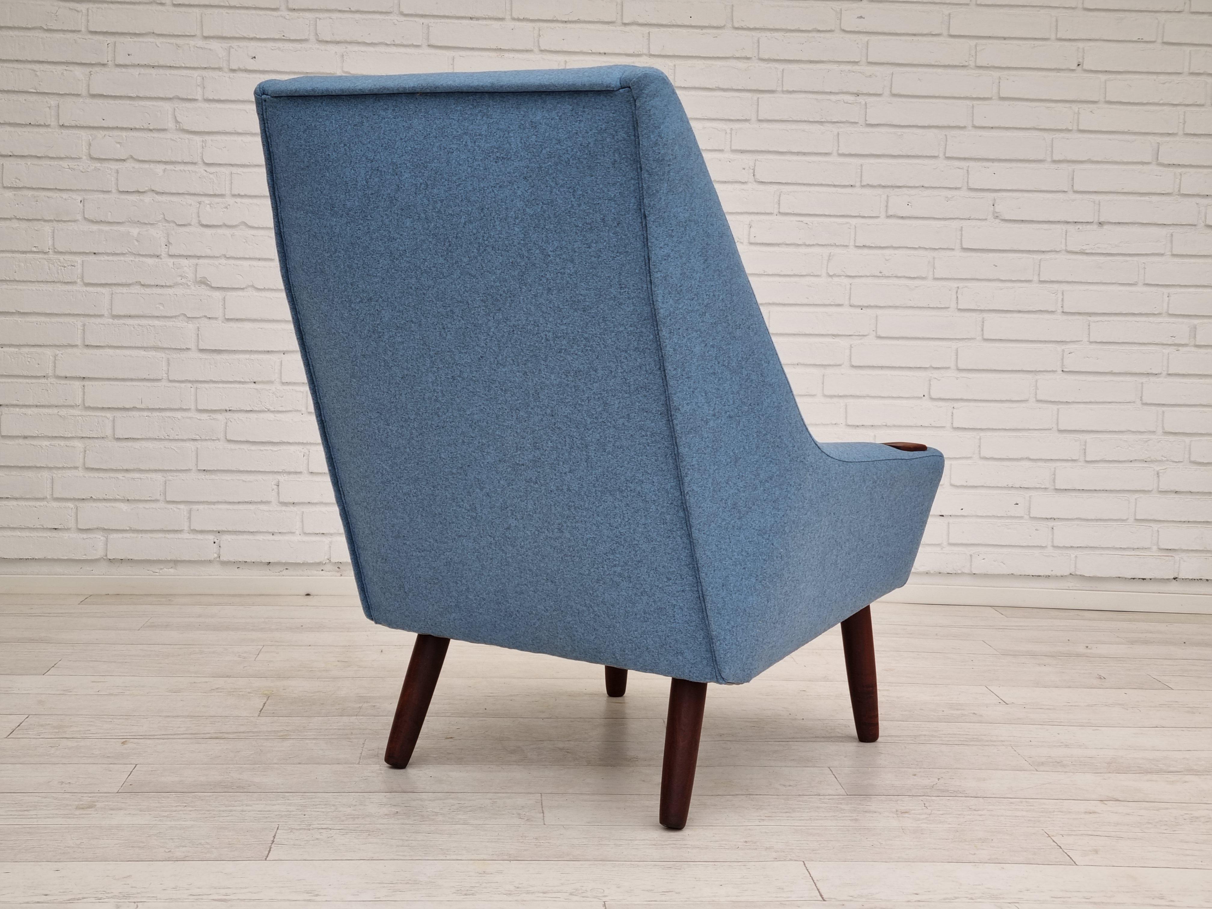 1970, Vintage Danish High-Back Armchair, Furniture Wool, Teak Wood 6