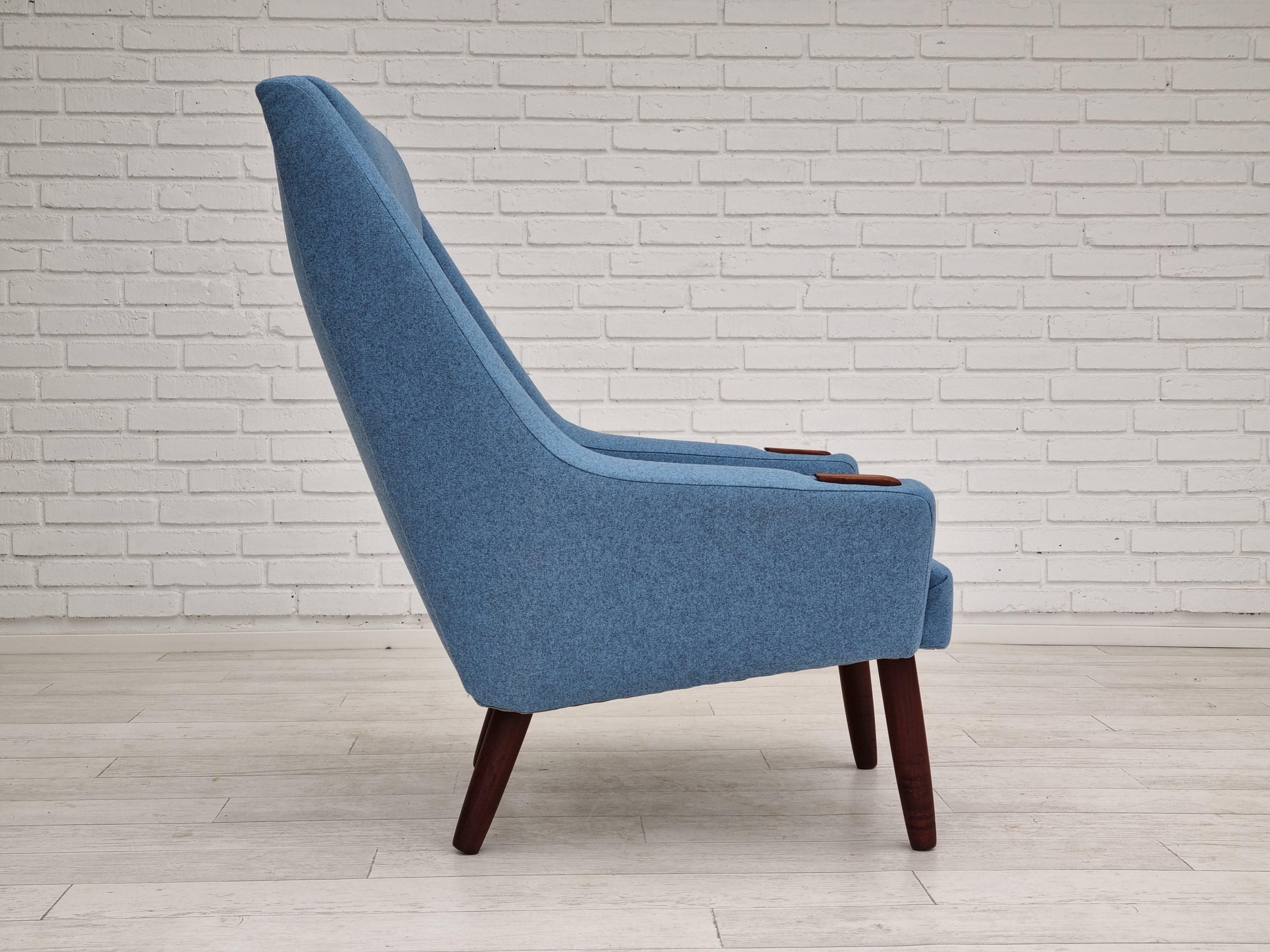 1970, Vintage Danish High-Back Armchair, Furniture Wool, Teak Wood 7