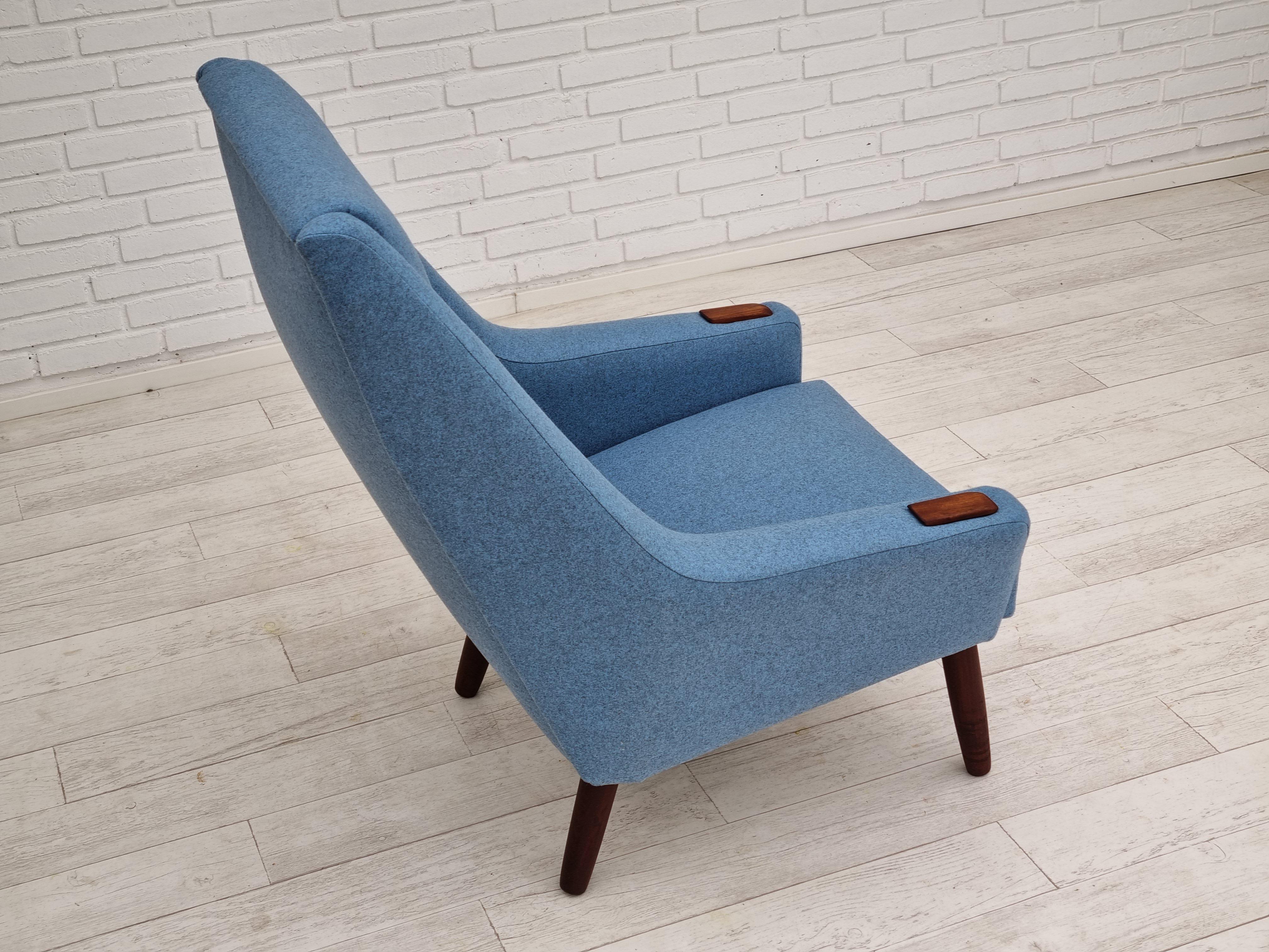1970, Vintage Danish High-Back Armchair, Furniture Wool, Teak Wood 9