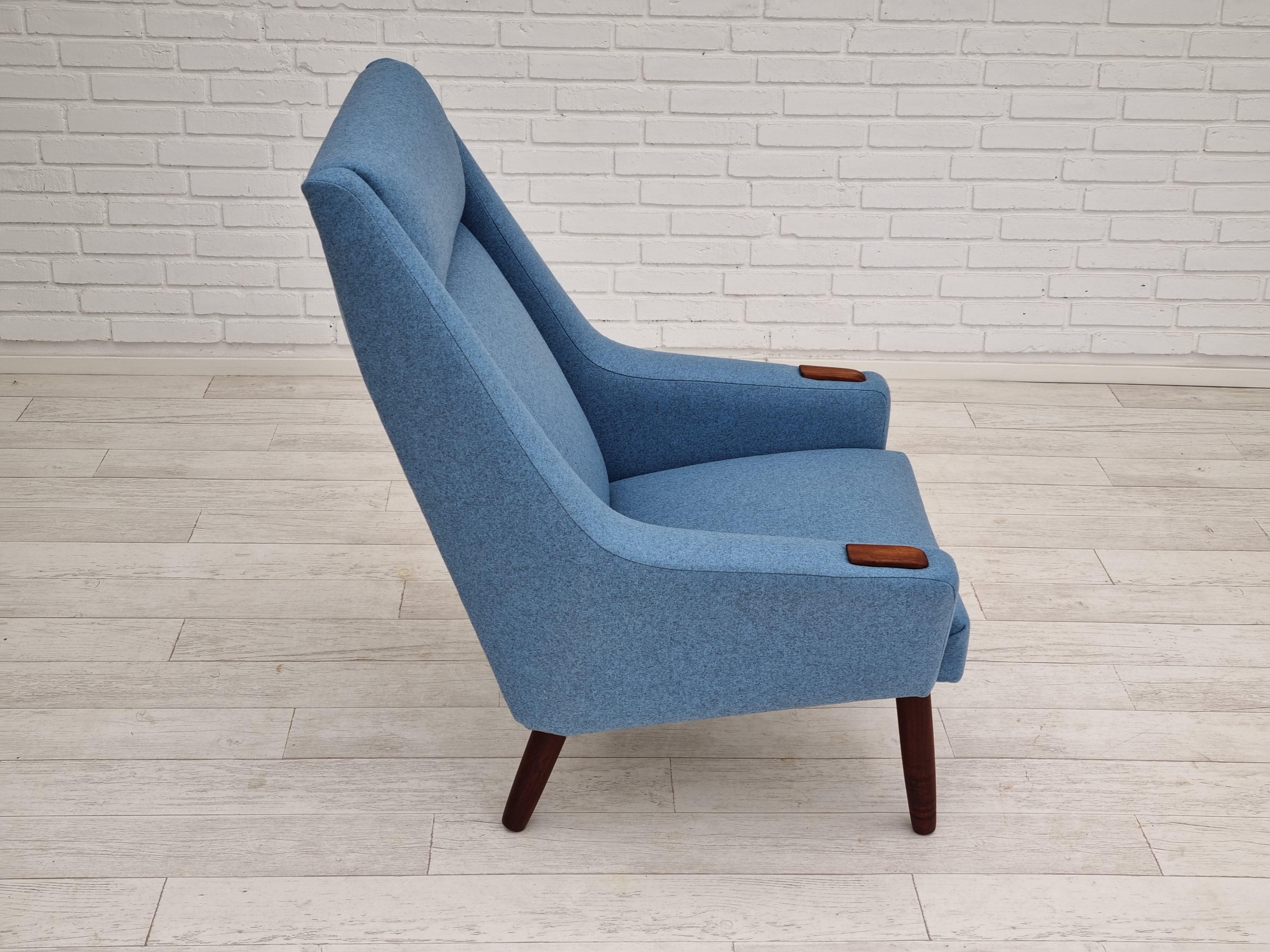 1970, Vintage Danish High-Back Armchair, Furniture Wool, Teak Wood 1
