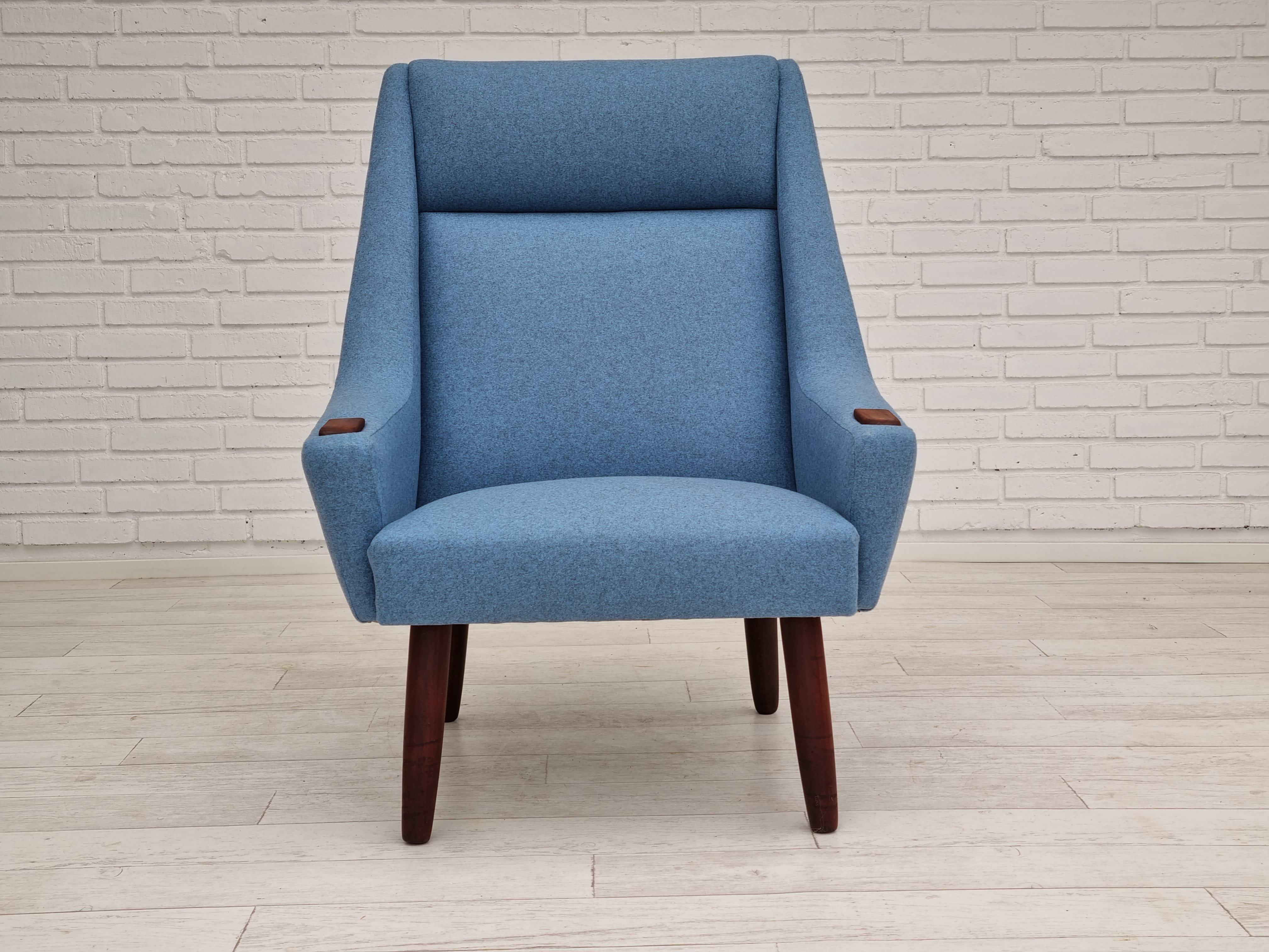 1970, Vintage Danish High-Back Armchair, Furniture Wool, Teak Wood 2