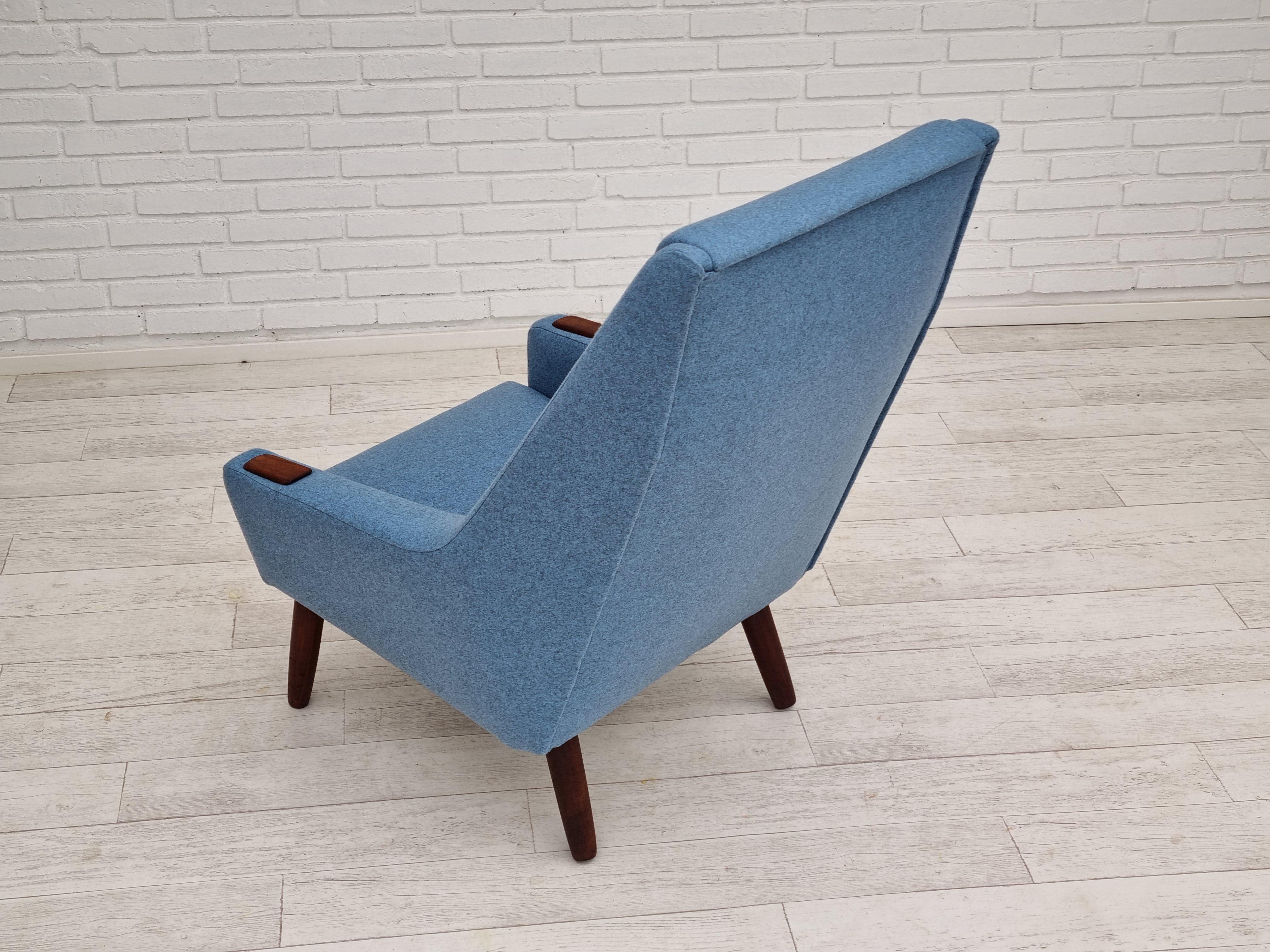 1970, Vintage Danish High-Back Armchair, Furniture Wool, Teak Wood 3
