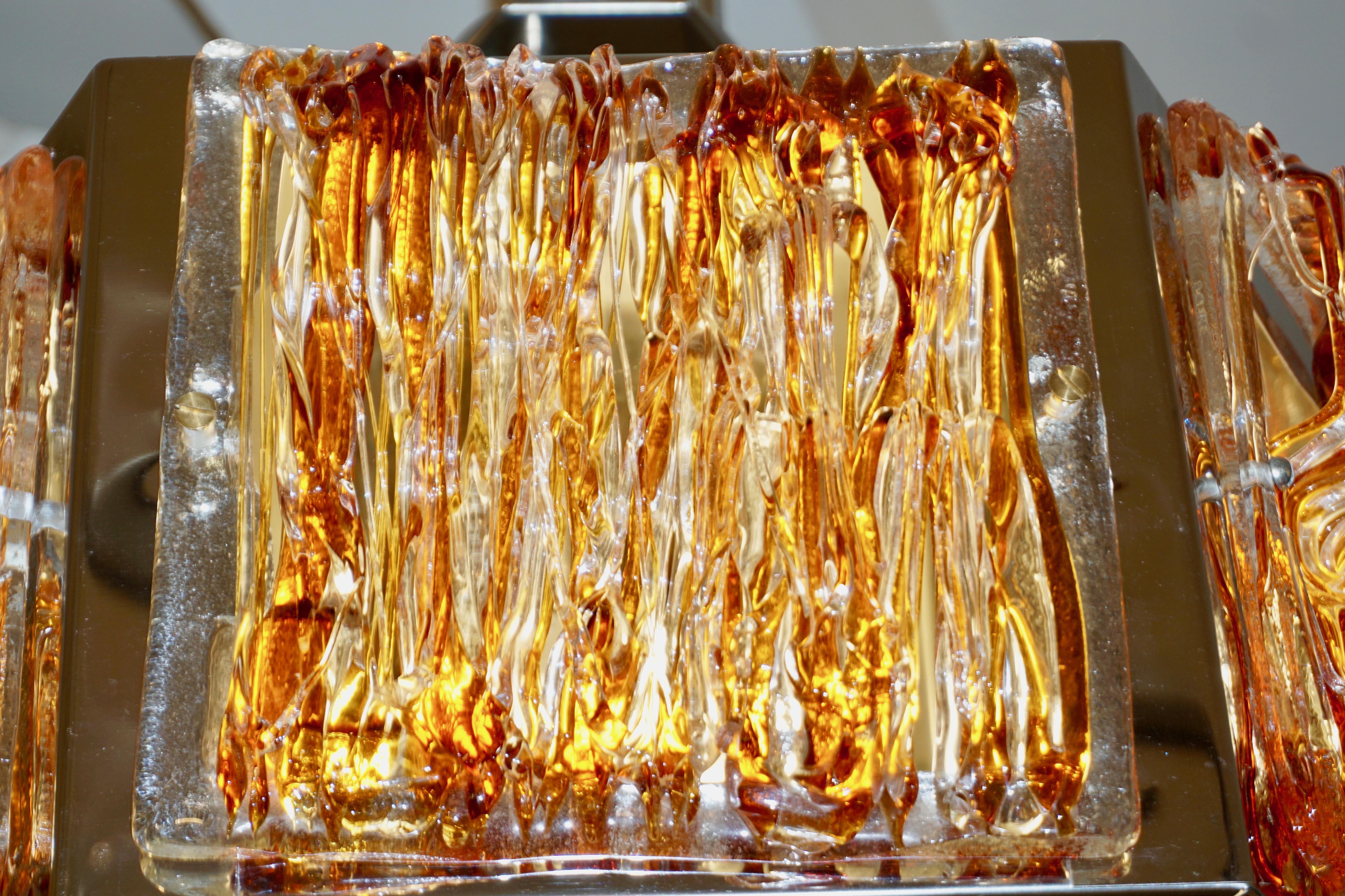 Italienischer Vintage-Trommel-Kronleuchter aus Nickel und Kristall in Orange und Gelb, Mazzega, Murano, 1970er Jahre im Angebot 2
