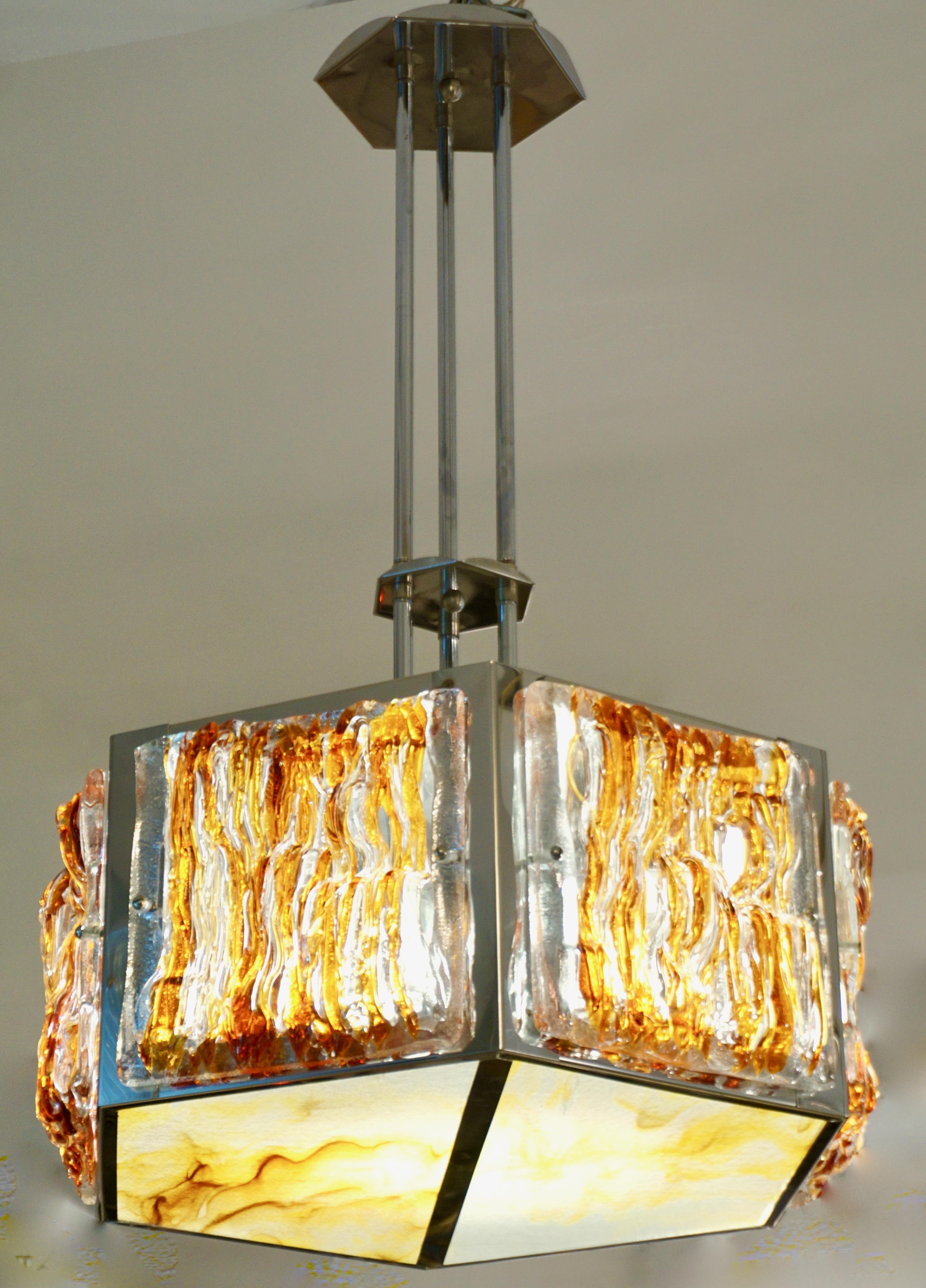 Italienischer Vintage-Trommel-Kronleuchter aus Nickel und Kristall in Orange und Gelb, Mazzega, Murano, 1970er Jahre im Angebot 1