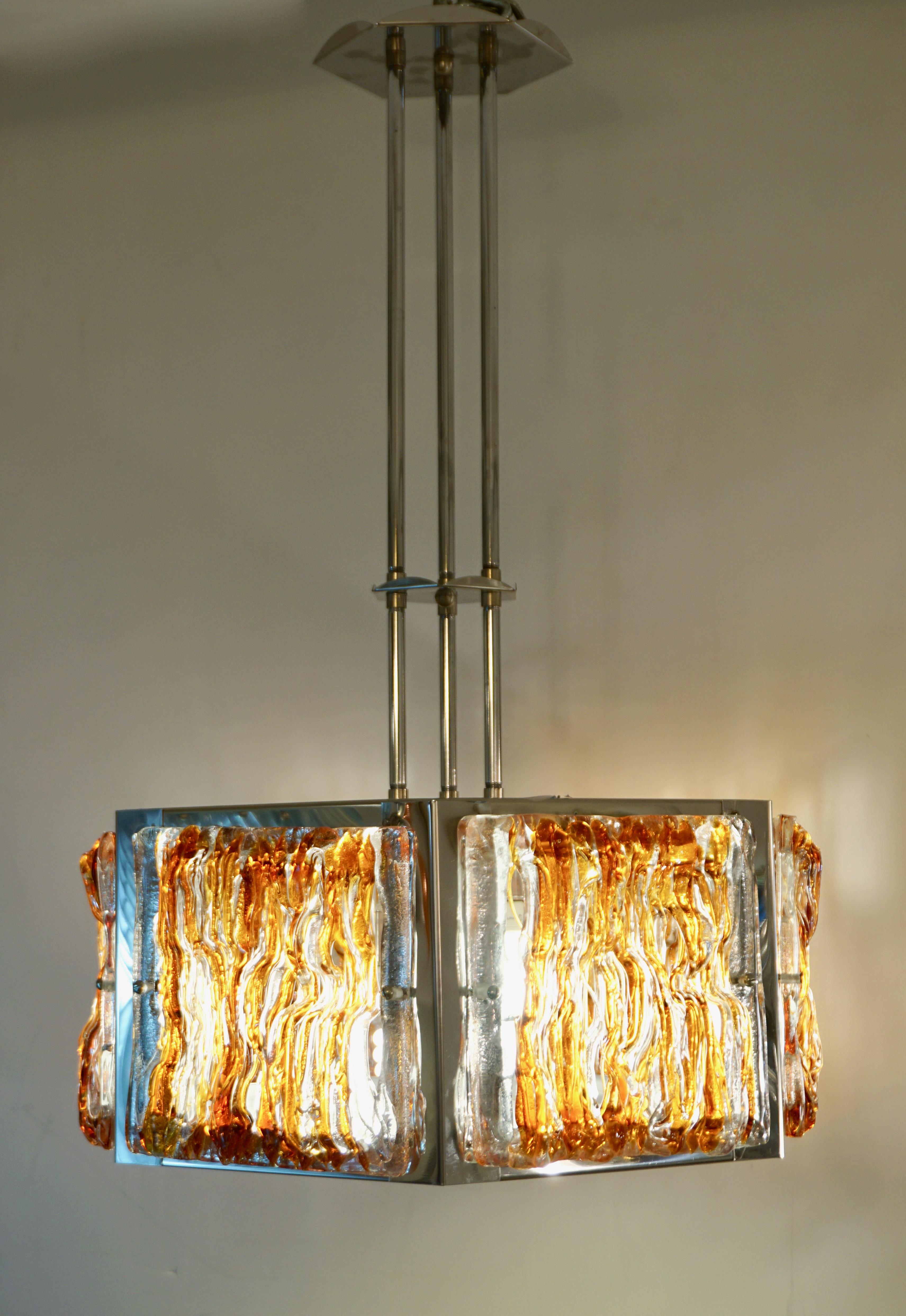 1970 Vintage Italian Mazzega Nickel Crystal Orange Yellow Murano Drum Chandelier For Sale 7