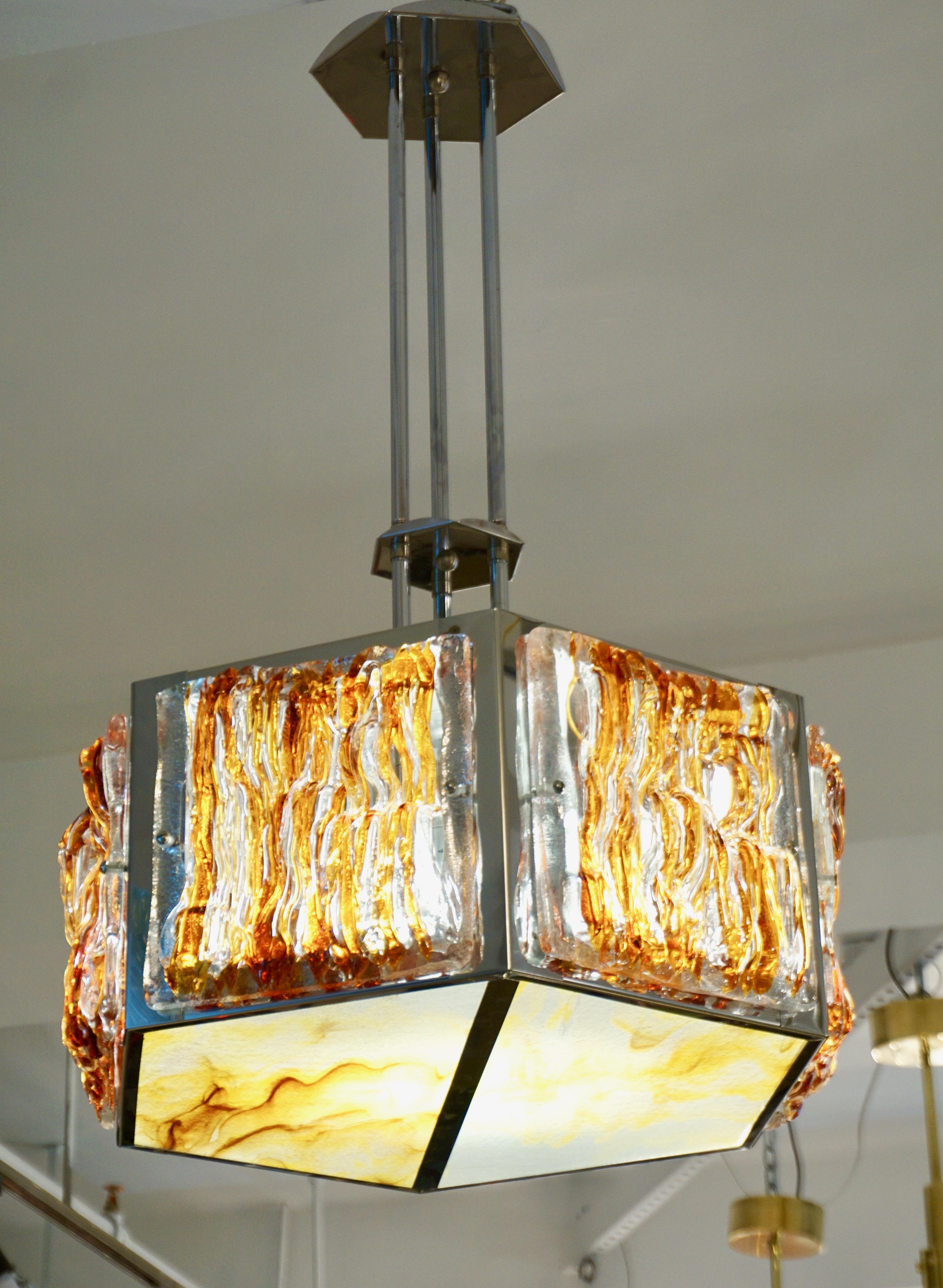 1970 Vintage Italian Mazzega Nickel Crystal Orange Yellow Murano Drum Chandelier For Sale 2