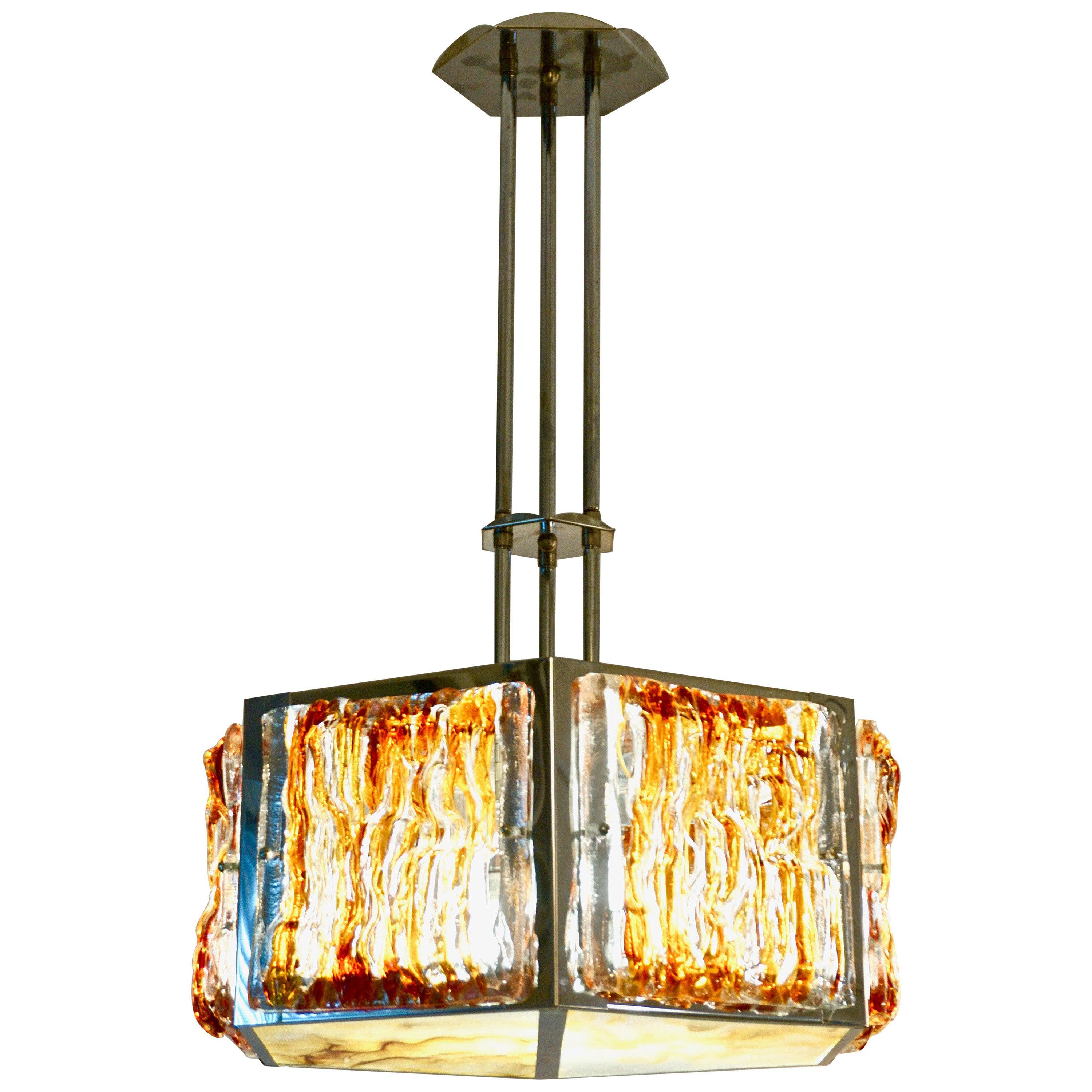 Italienischer Vintage-Trommel-Kronleuchter aus Nickel und Kristall in Orange und Gelb, Mazzega, Murano, 1970er Jahre im Angebot 3