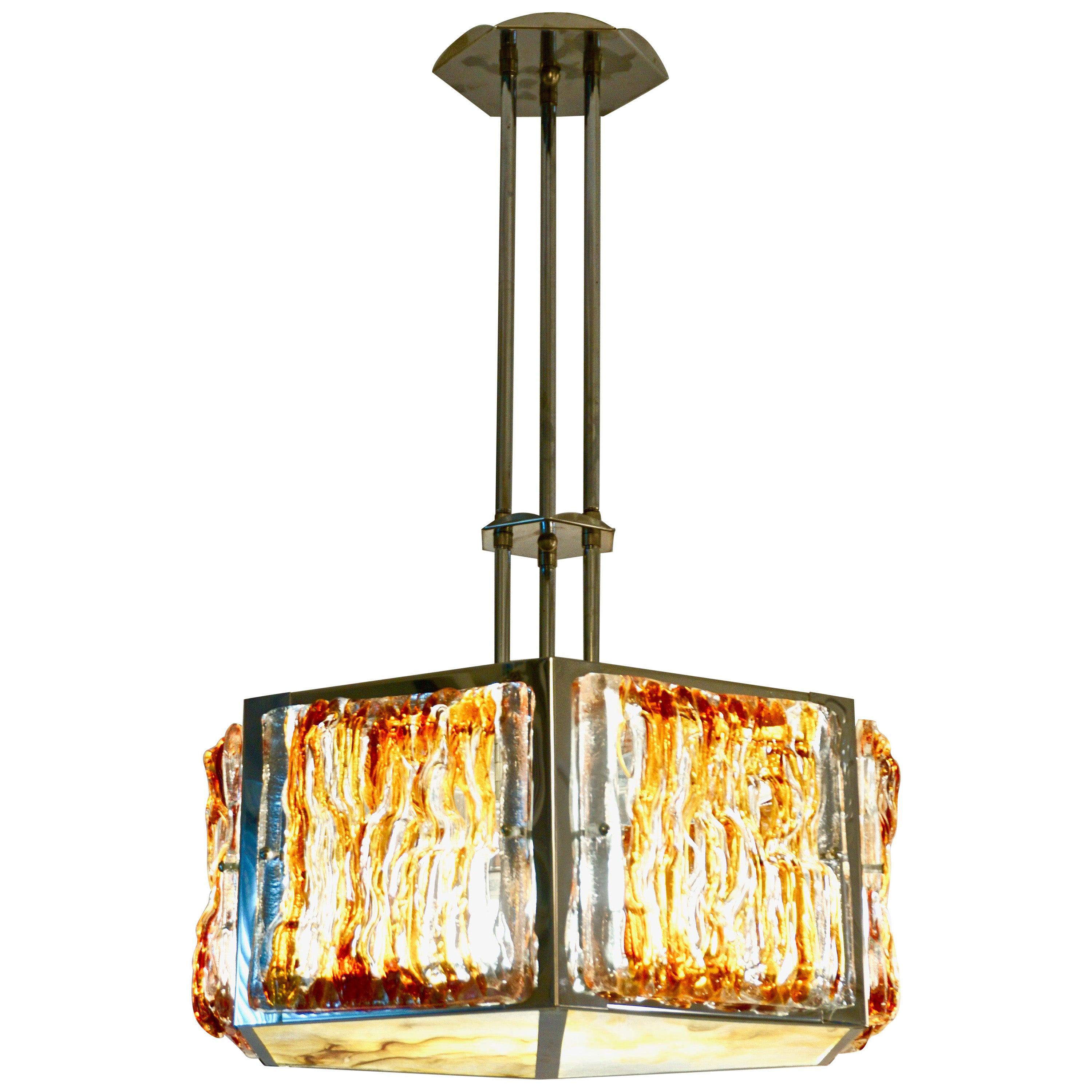 1970 Vintage Italian Mazzega Nickel Crystal Orange Yellow Murano Drum Chandelier For Sale