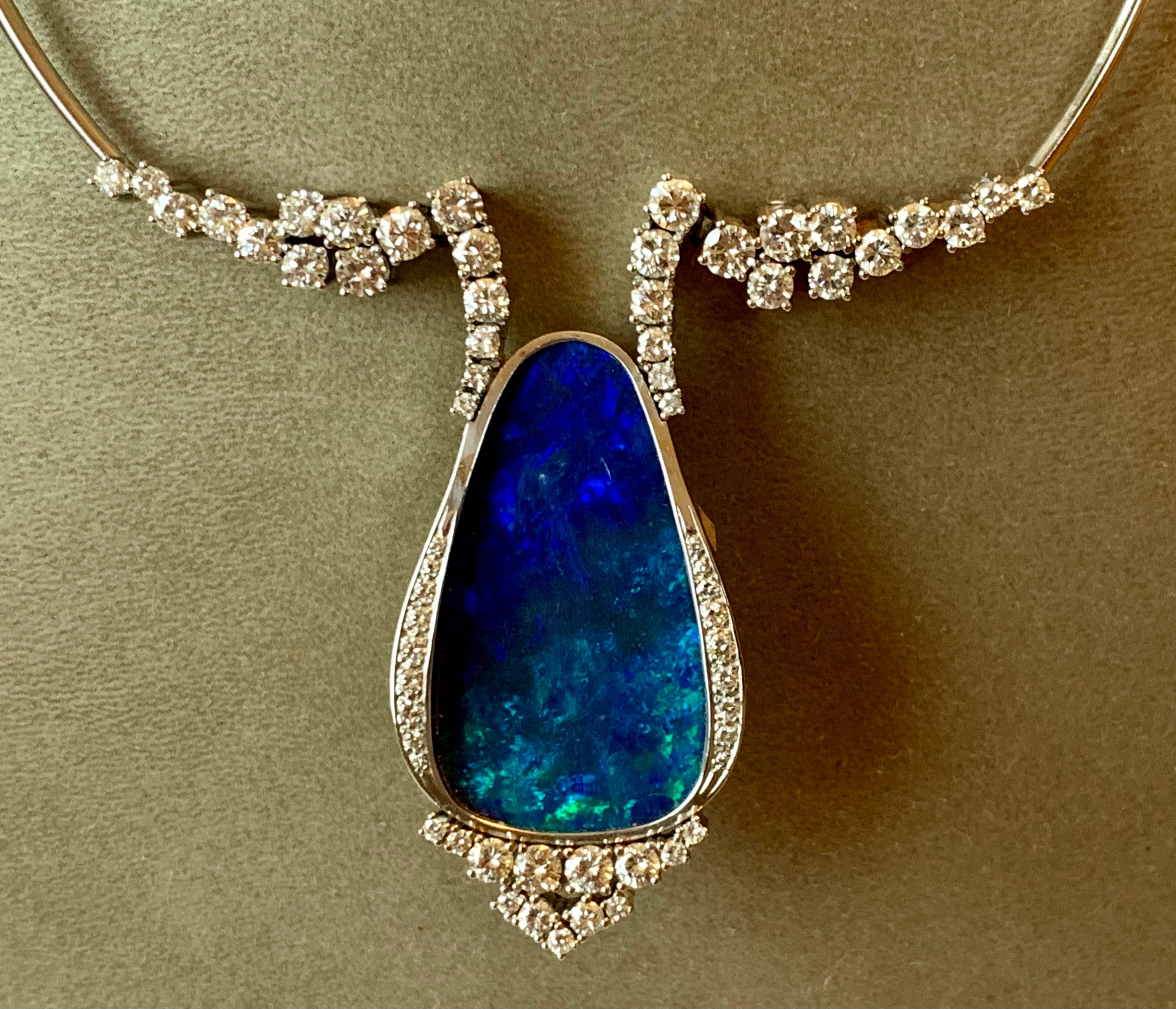 Modern 1970 Vintage Opal Diamonds Necklace 18 Karat White Gold For Sale