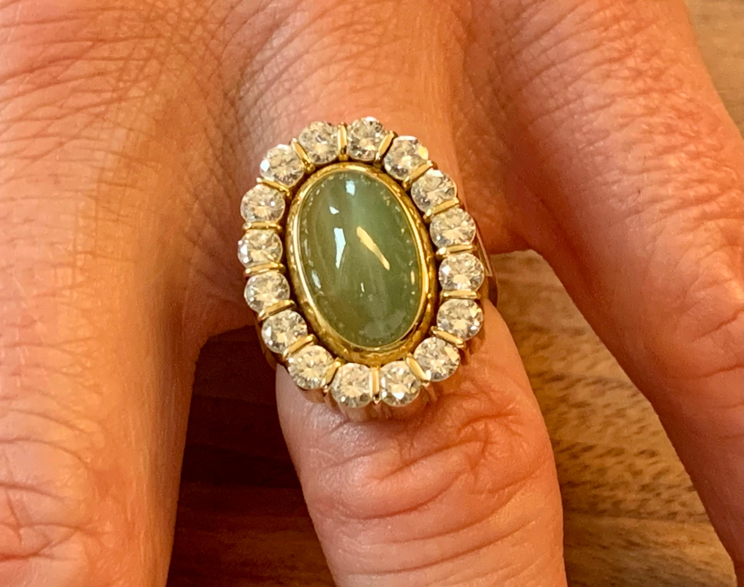 Solid and one of a kind ring in 18 K yellow Gold by the swiss company A. Kurz set with a greenish yellowish cat's eye Chrysoberyl Cabochon weighing approximately 5.0 ct surrounded by 16 brilliant cut Diamonds totalling ca. 1.60 ct, G color, vs