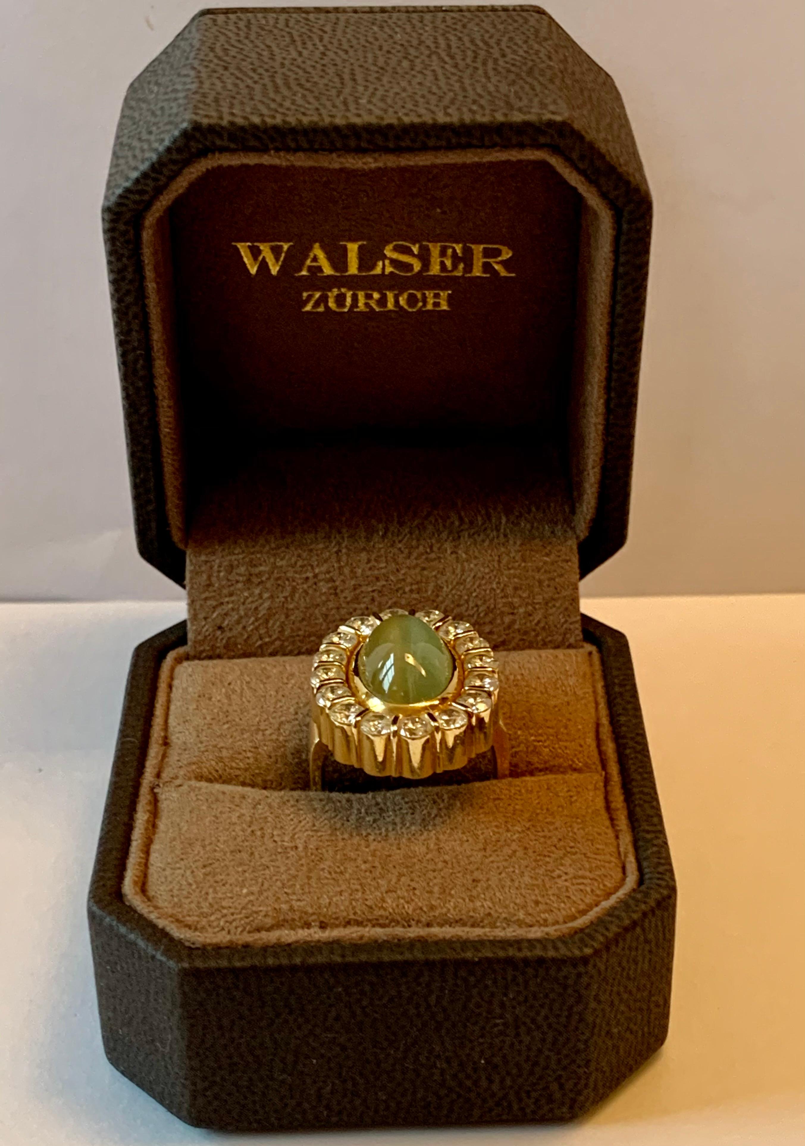 Taille cabochon 1970 Vintage Ring 18 K Yellow Gold Diamonds Cat's Eye Chrysoberyl Kurz Switzerla en vente