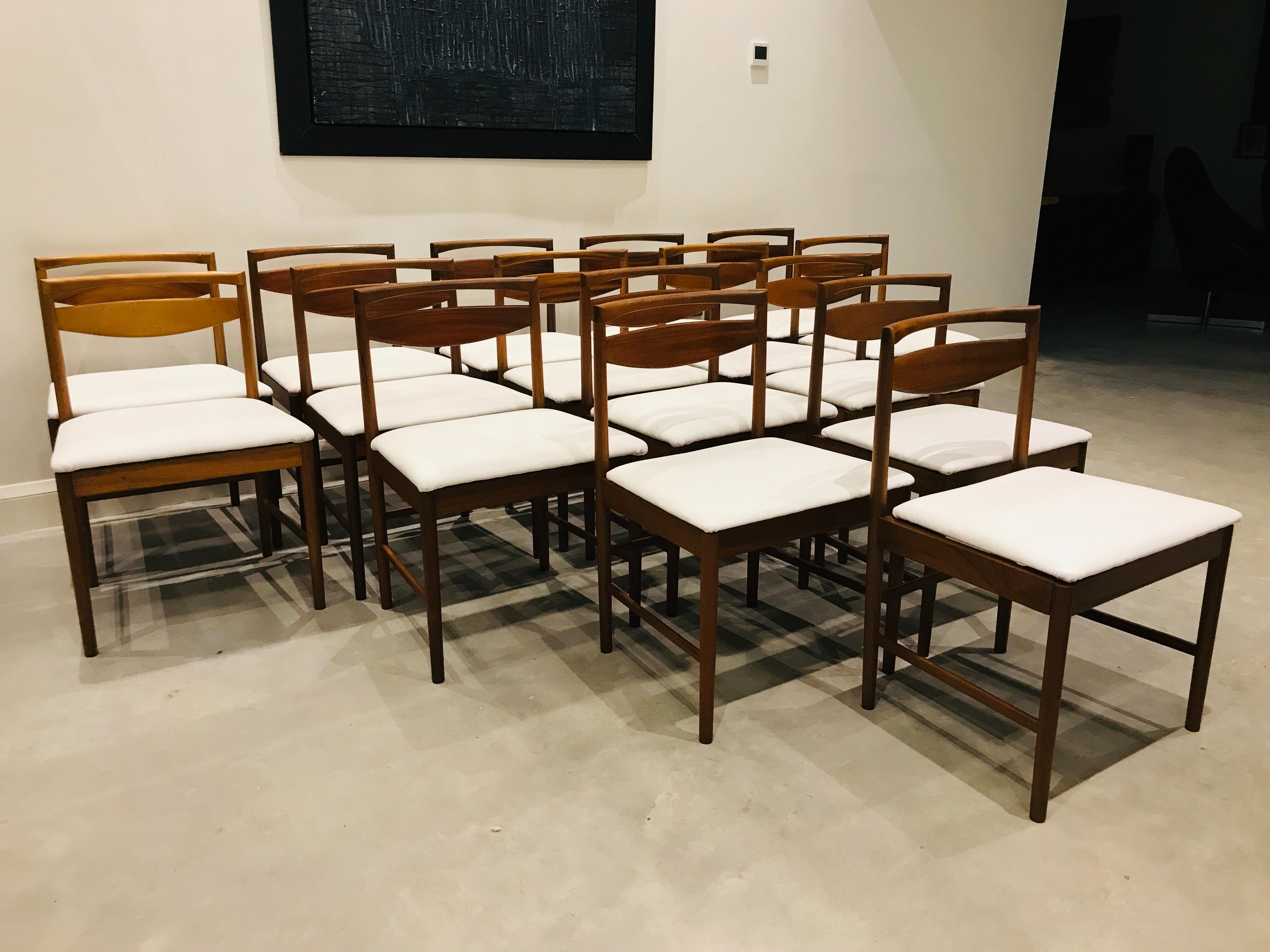 McIntosh teak 

Stunning set of Chairs, McIntosh made and designed chairs, one of the best period furniture makers from the 1960s!! the chairs are upholstered in a lovely White Leather. We currently have 8 chairs available. price for delivery is for