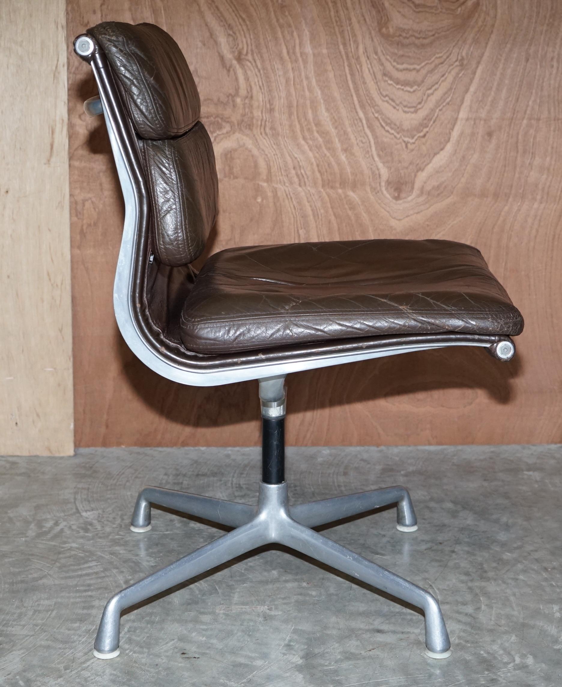 1970 Vitra Eames Herman Miller EA 205 Brown Leather Soft Pad Swivel Office Chair 4