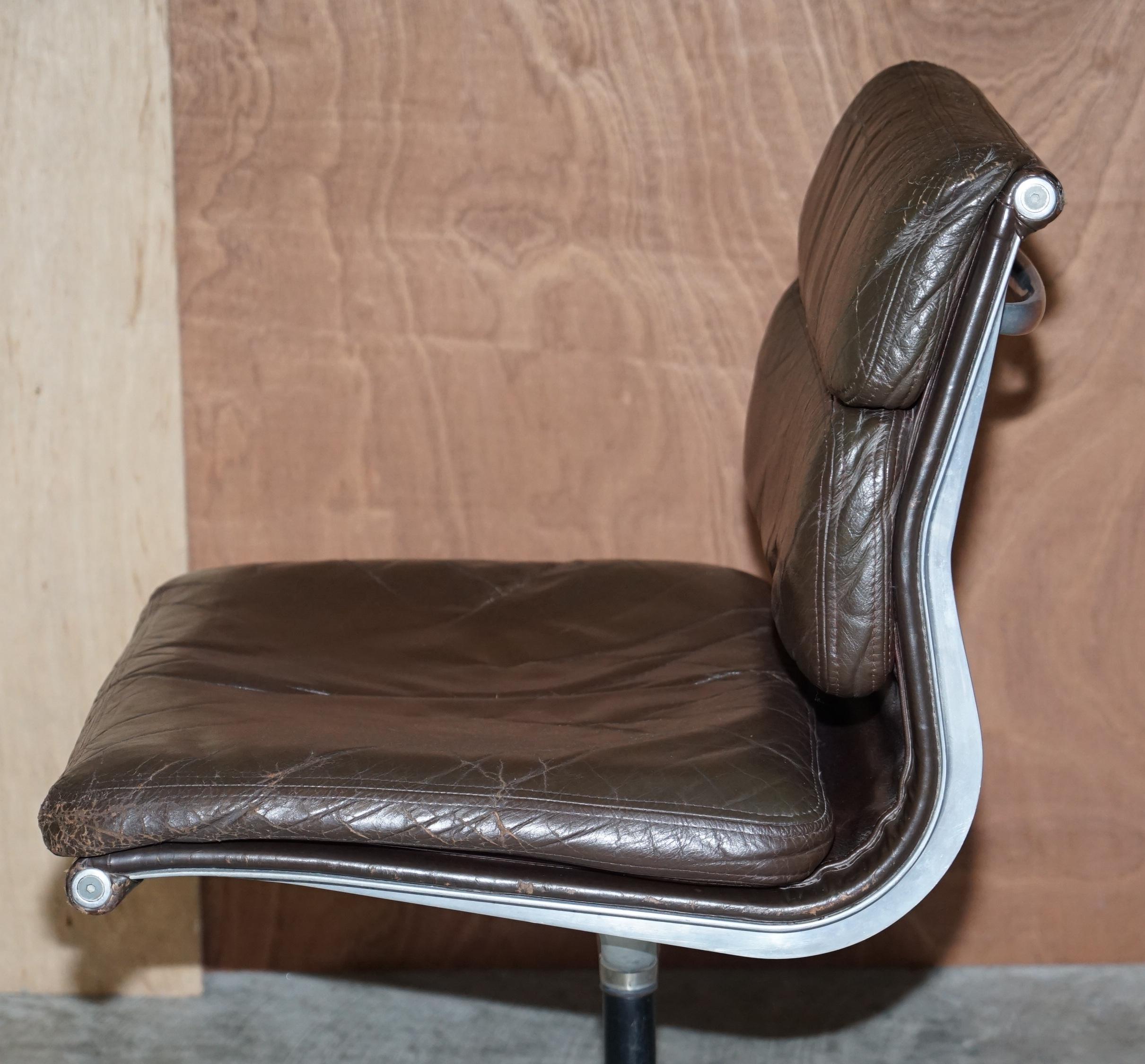 1970 Vitra Eames Herman Miller EA 205 Brown Leather Soft Pad Swivel Office Chair 11