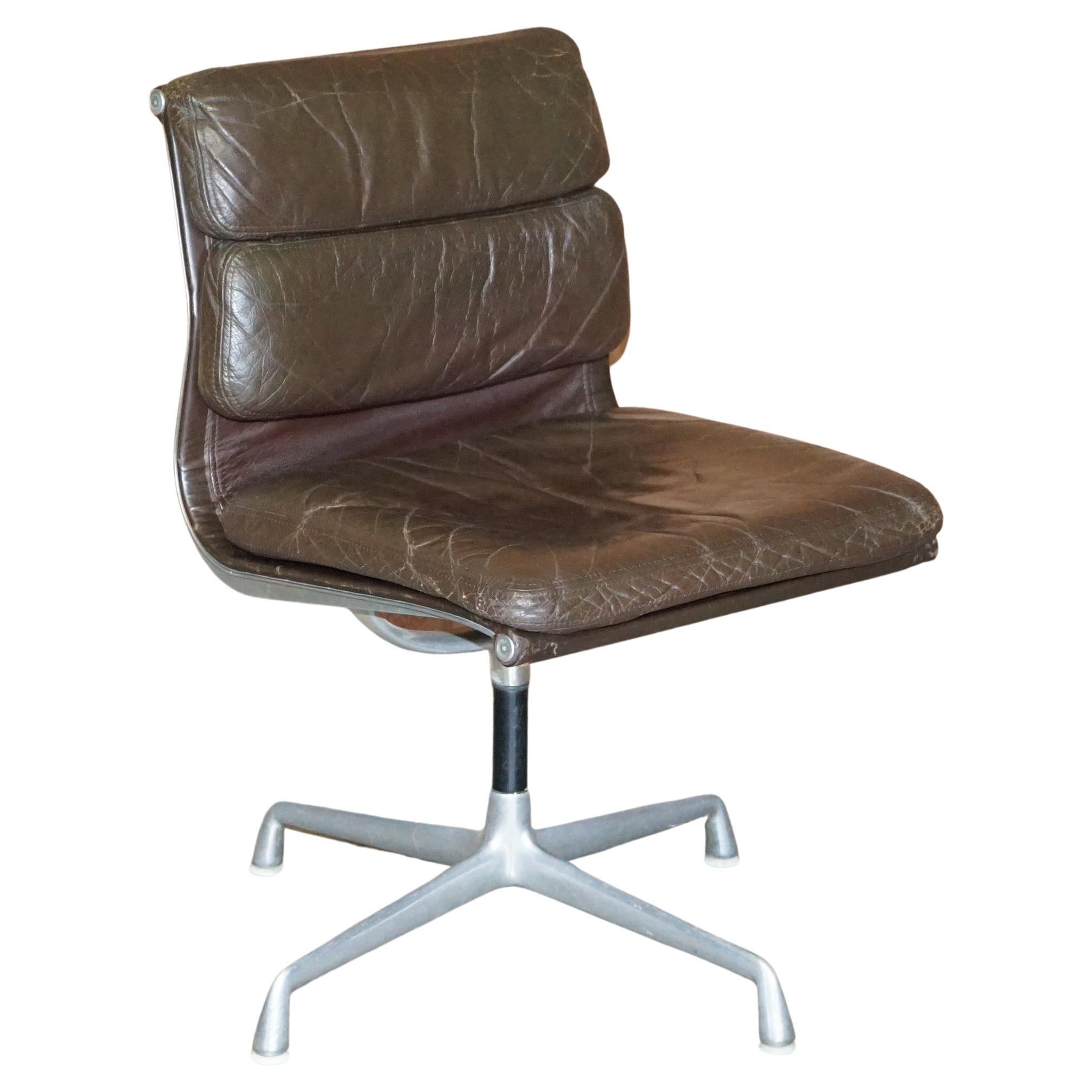 1970 Vitra Eames Herman Miller EA 205 Brown Leather Soft Pad Swivel Office Chair