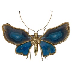 1970′ Wall Lamp Butterfly Duval Brasseur or Isabelle Faure + Wings Blues Agates