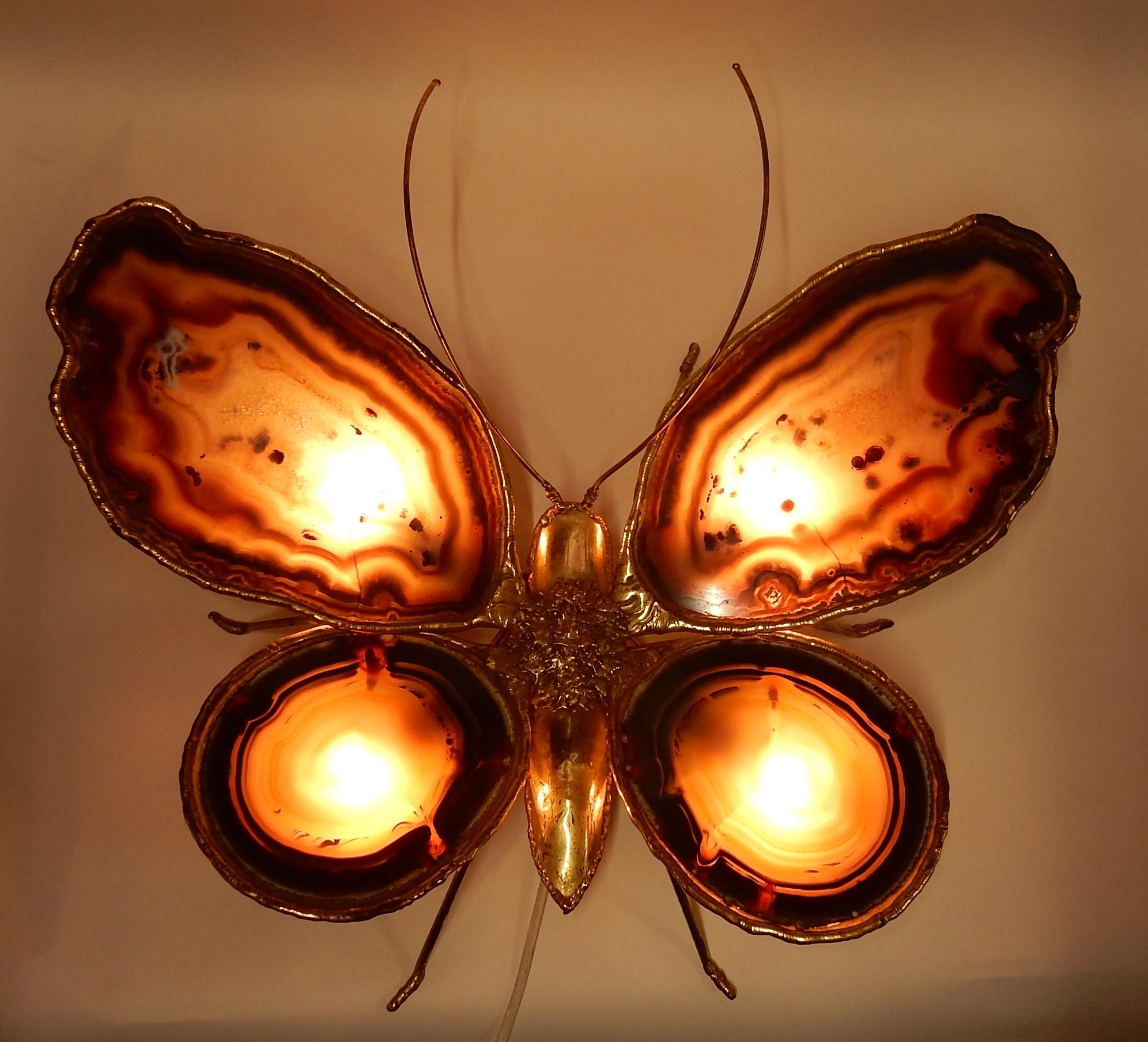 Art Deco 1970 Wall Lamp Butterfly Isabelle Faure or Duval Brasseur With Wings Agates