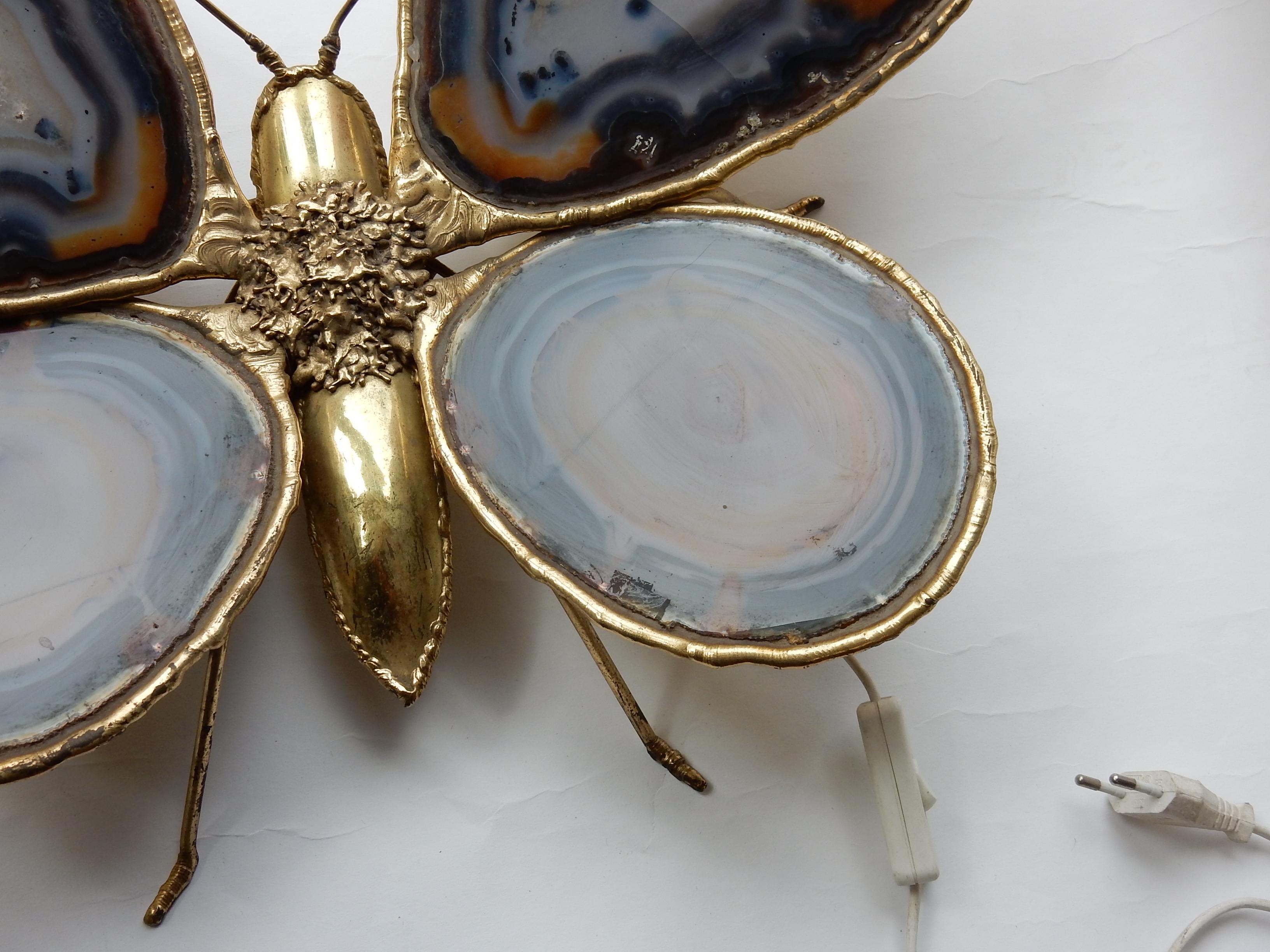 French 1970 Wall Lamp Butterfly Isabelle Faure or Duval Brasseur With Wings Agates