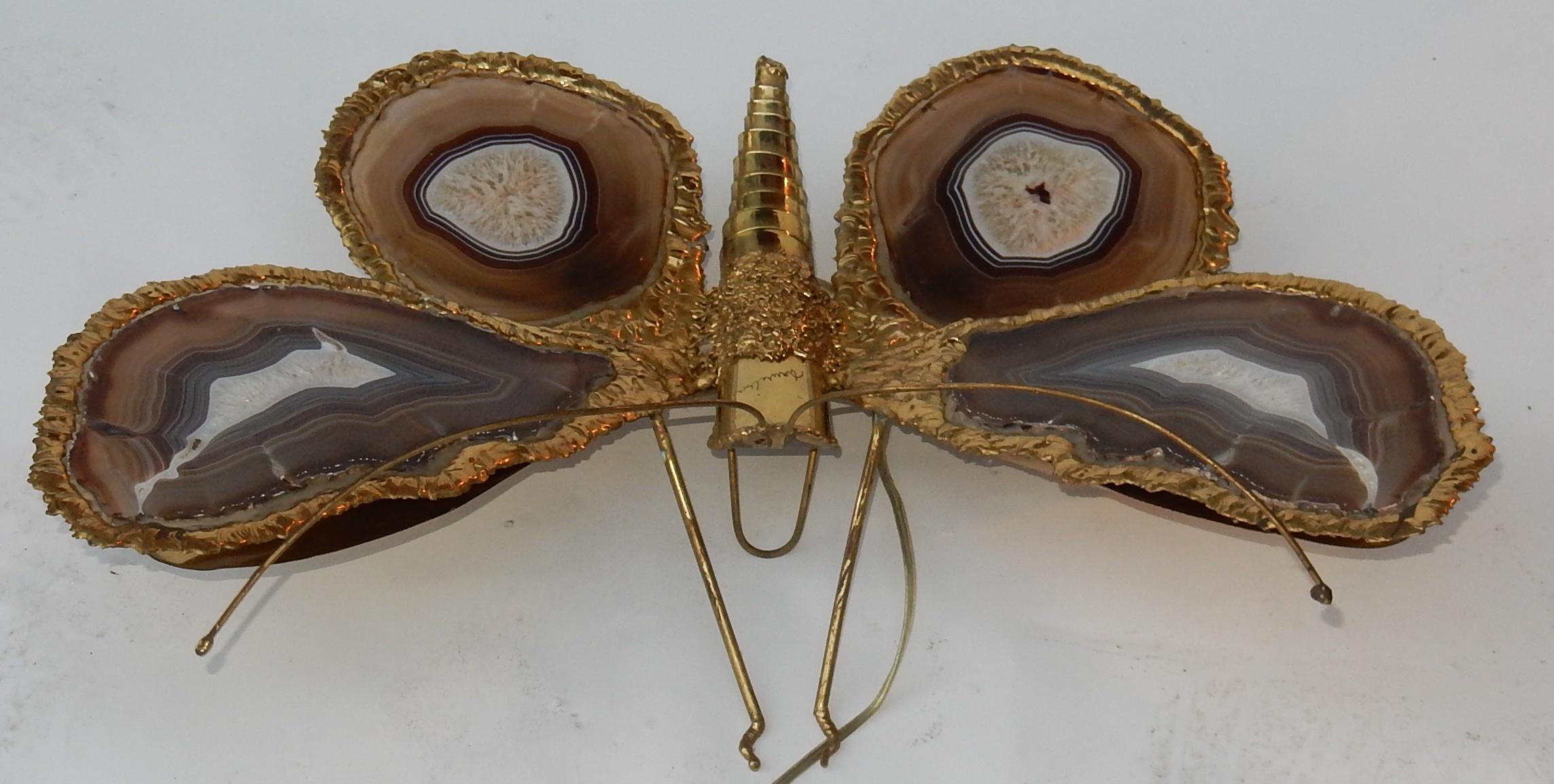 1970 Wall Lamp Butterfly Signed Isabelle Faure with Wings Agates 3