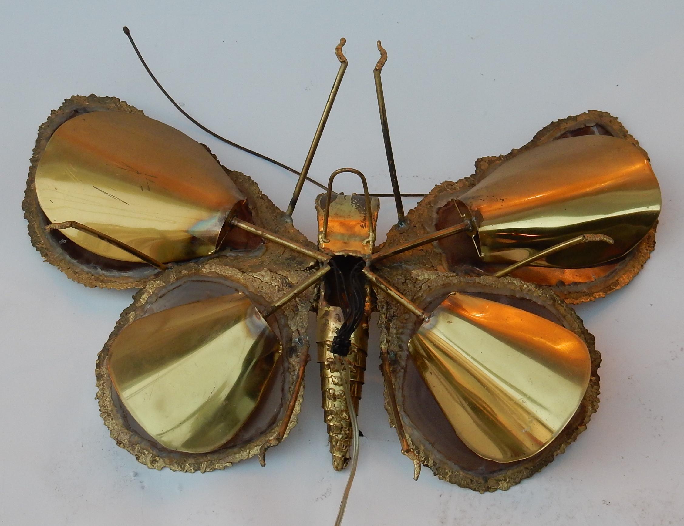 Brutalist 1970 Wall Lamp Butterfly Signed Isabelle Faure with Wings Agates