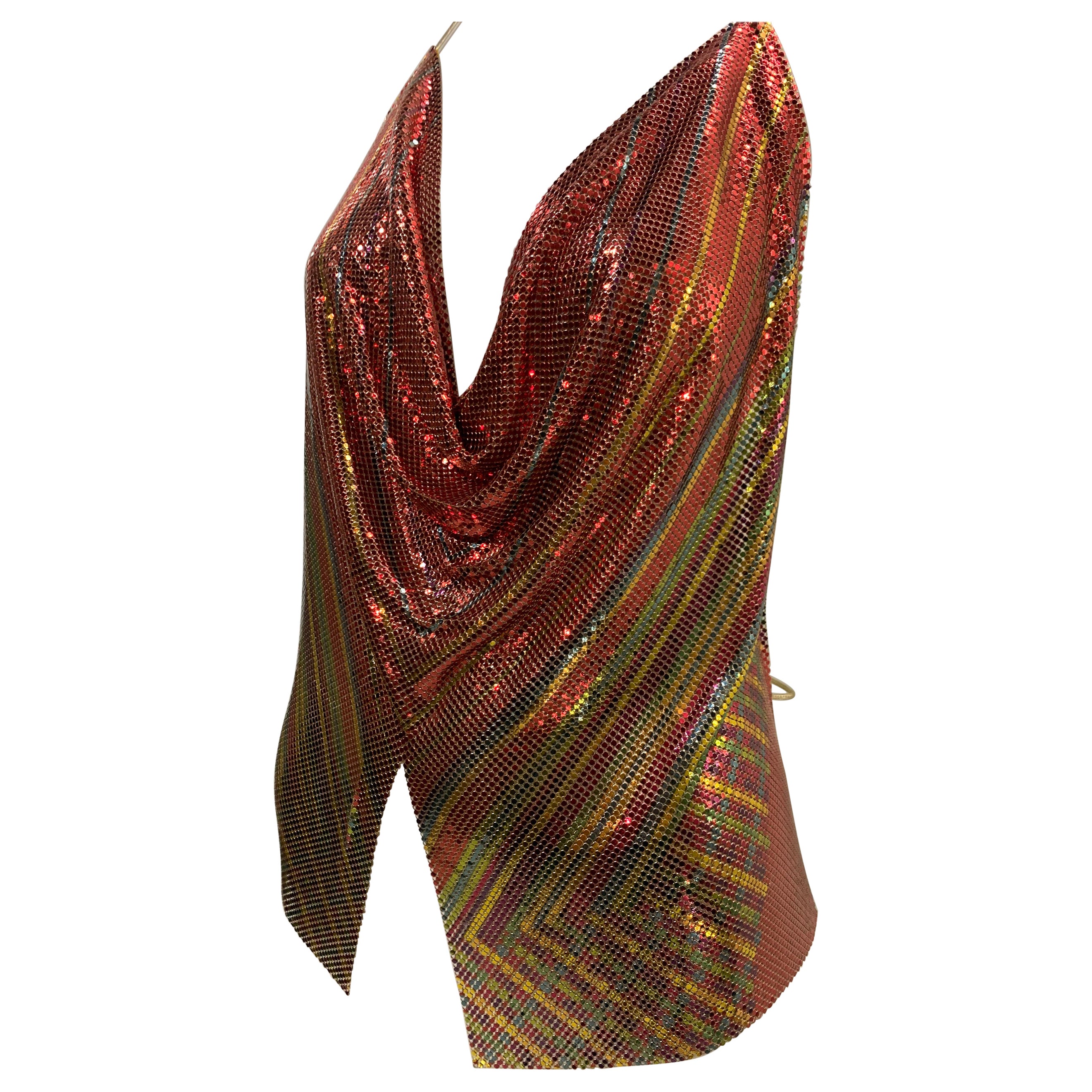 1970 Whiting & Davis Slinky Metal Mesh Disco Halter Top in Copper Gold & Green