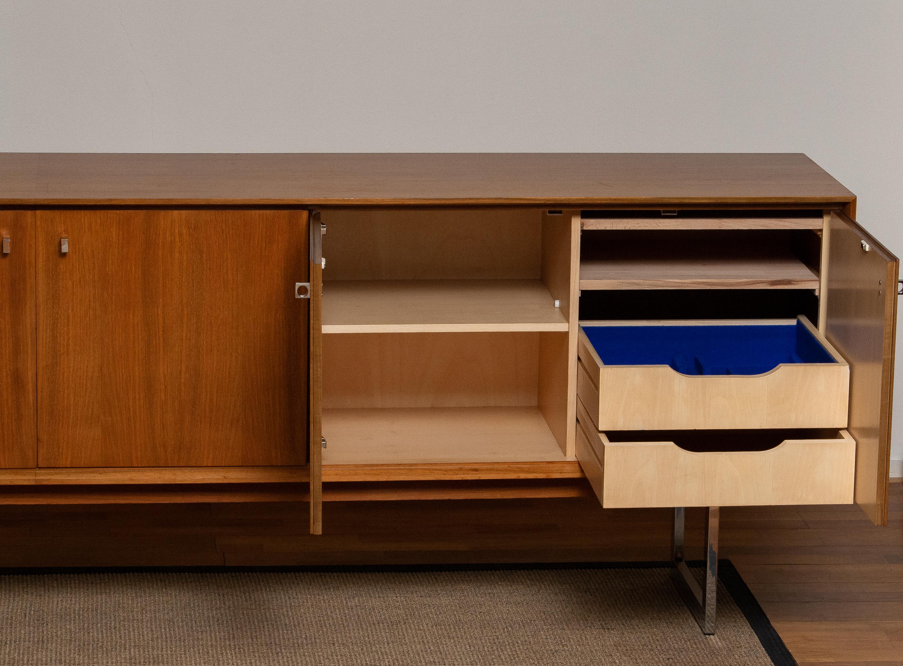 1970, Wide Credenzas Sideboard in Walnut with Chrome Handles and Legs 10