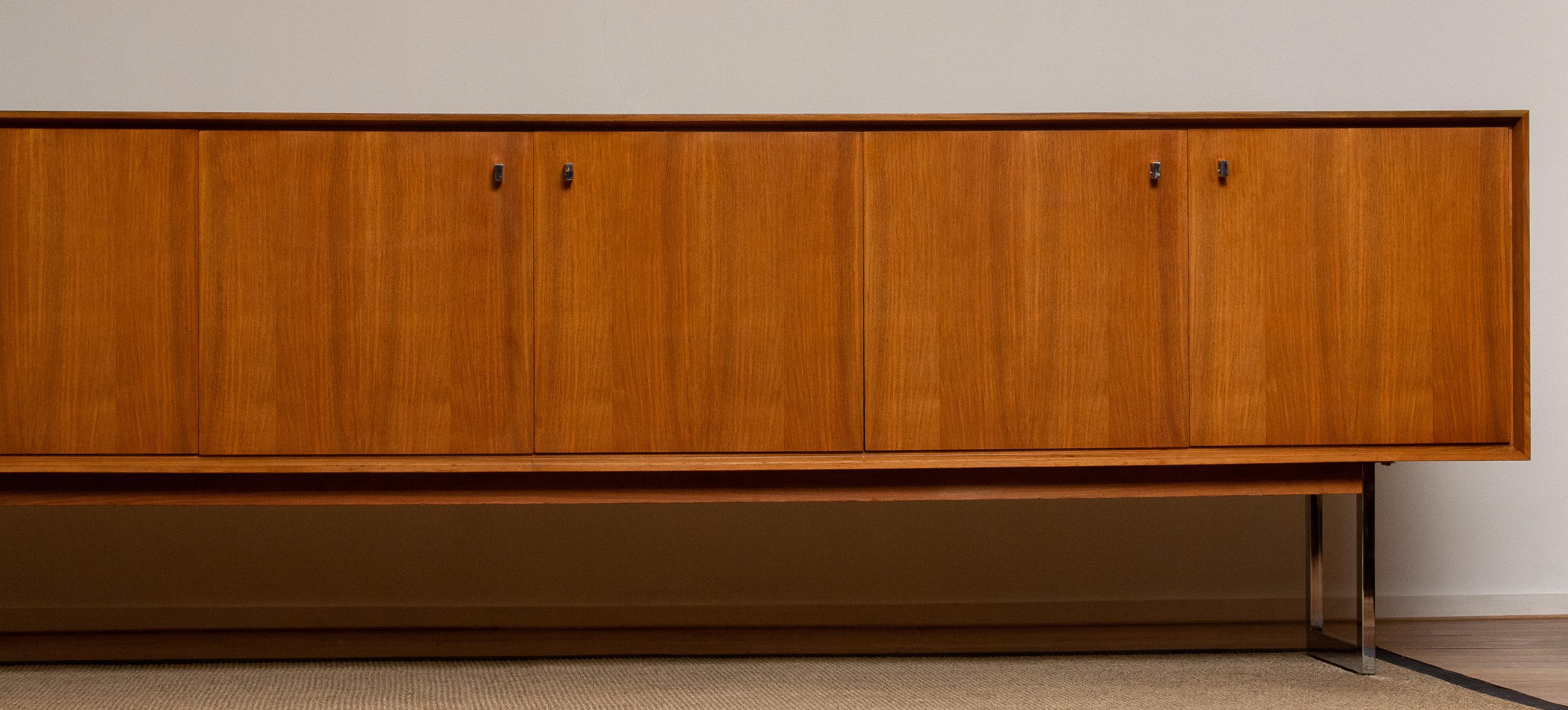 1970, Wide Credenzas Sideboard in Walnut with Chrome Handles and Legs 1