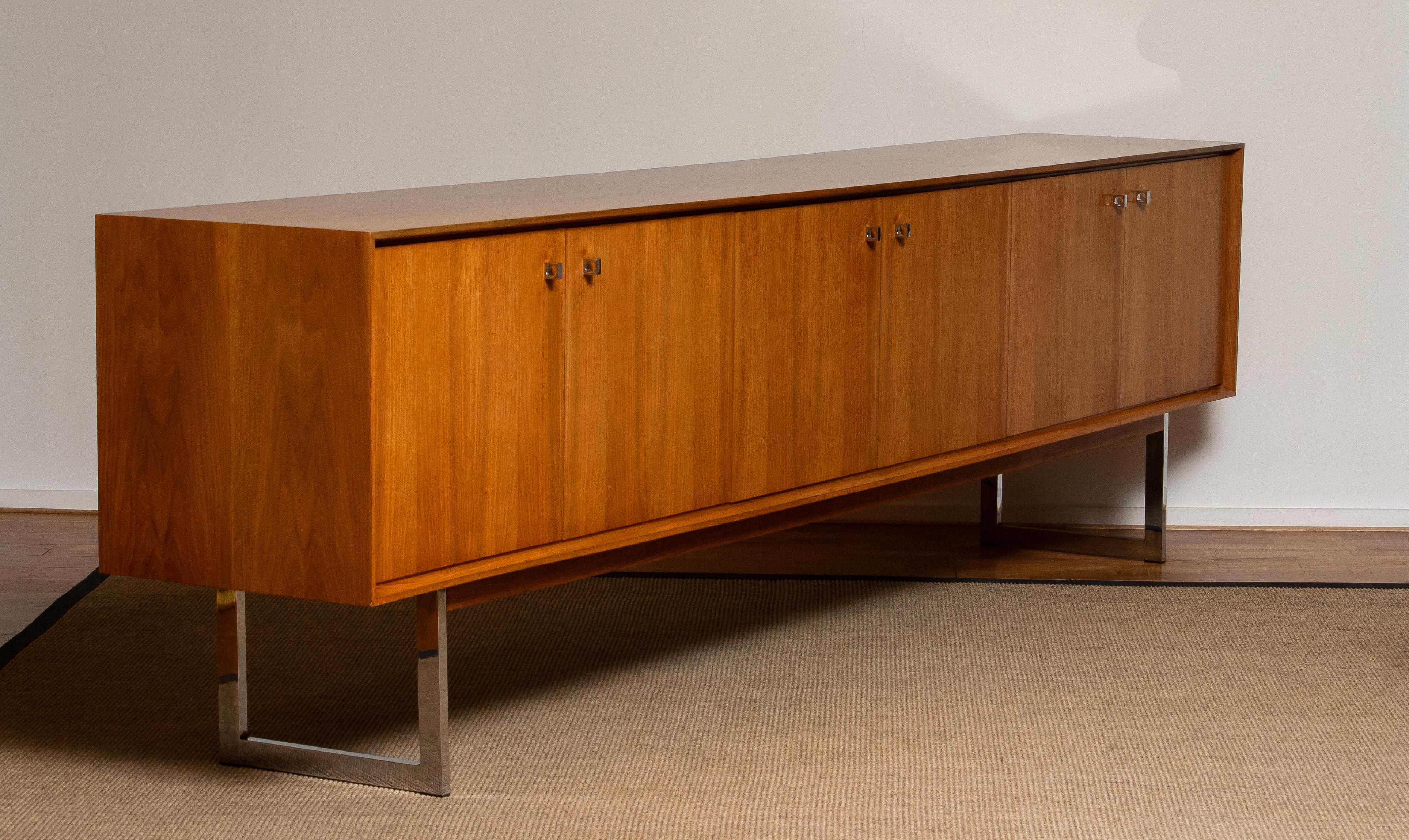 1970, Wide Credenzas Sideboard in Walnut with Chrome Handles and Legs 1