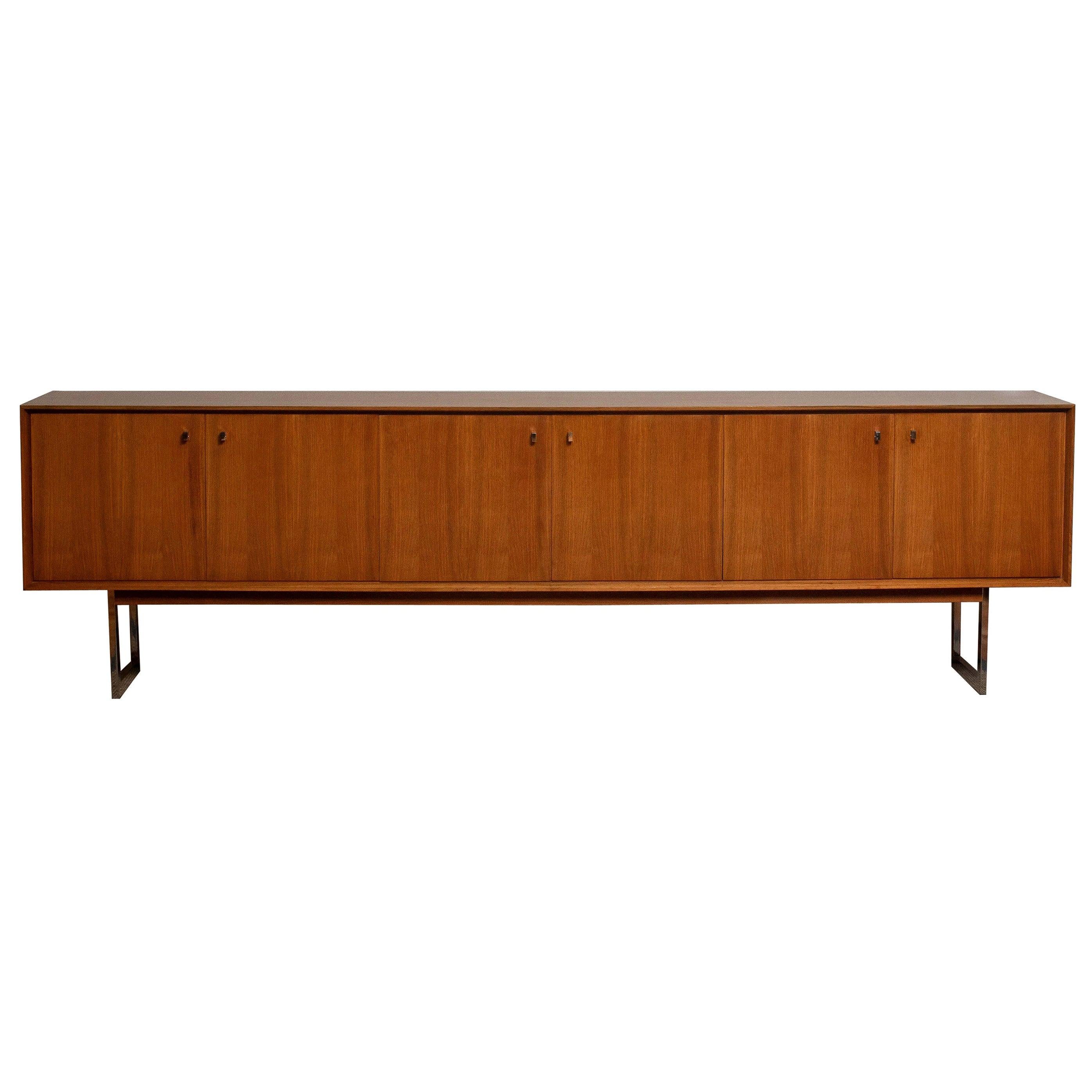 1970, Wide Credenzas Sideboard in Walnut with Chrome Handles and Legs