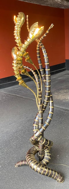 1970′ Yuka Palm Tree Floor Lamp in Brass and Patinated Iron Maison Jansen 3 Head