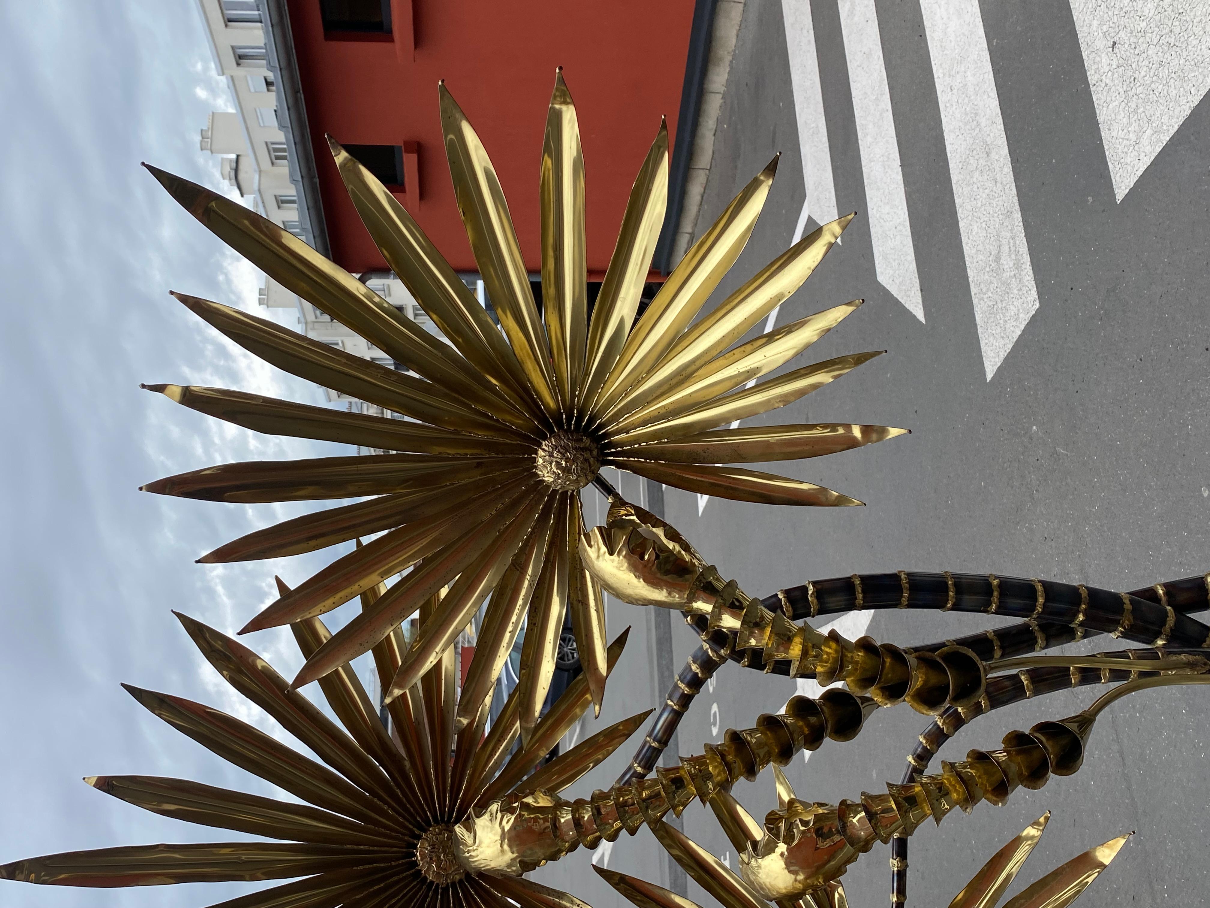 Late 20th Century 1970′ Yuka Palm Tree Floor Lamp in Brass and Patinated Iron Maison Jansen 3 Head For Sale