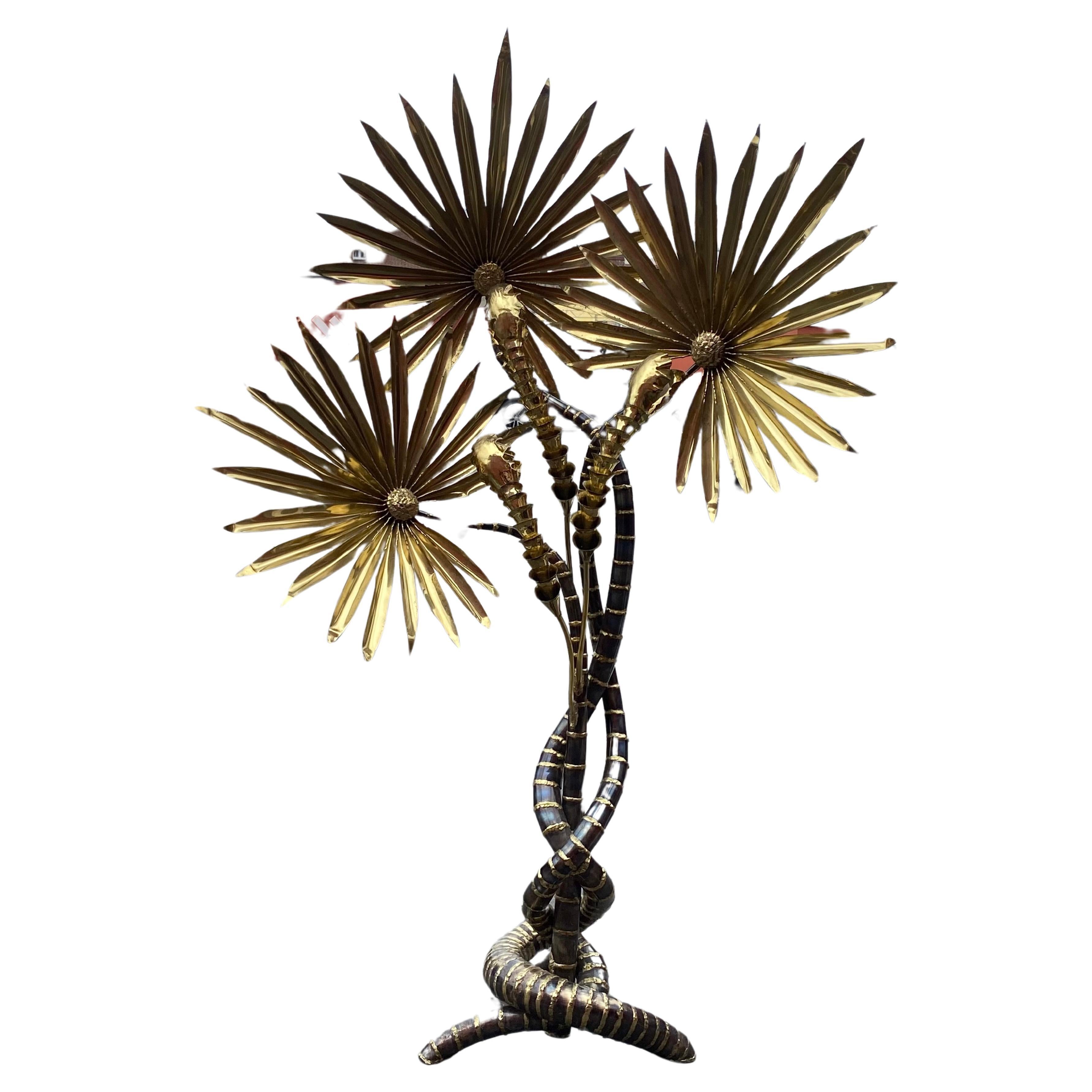 1970′ Yuka Palm Tree Floor Lamp in Brass and Patinated Iron Maison Jansen 3 Head For Sale