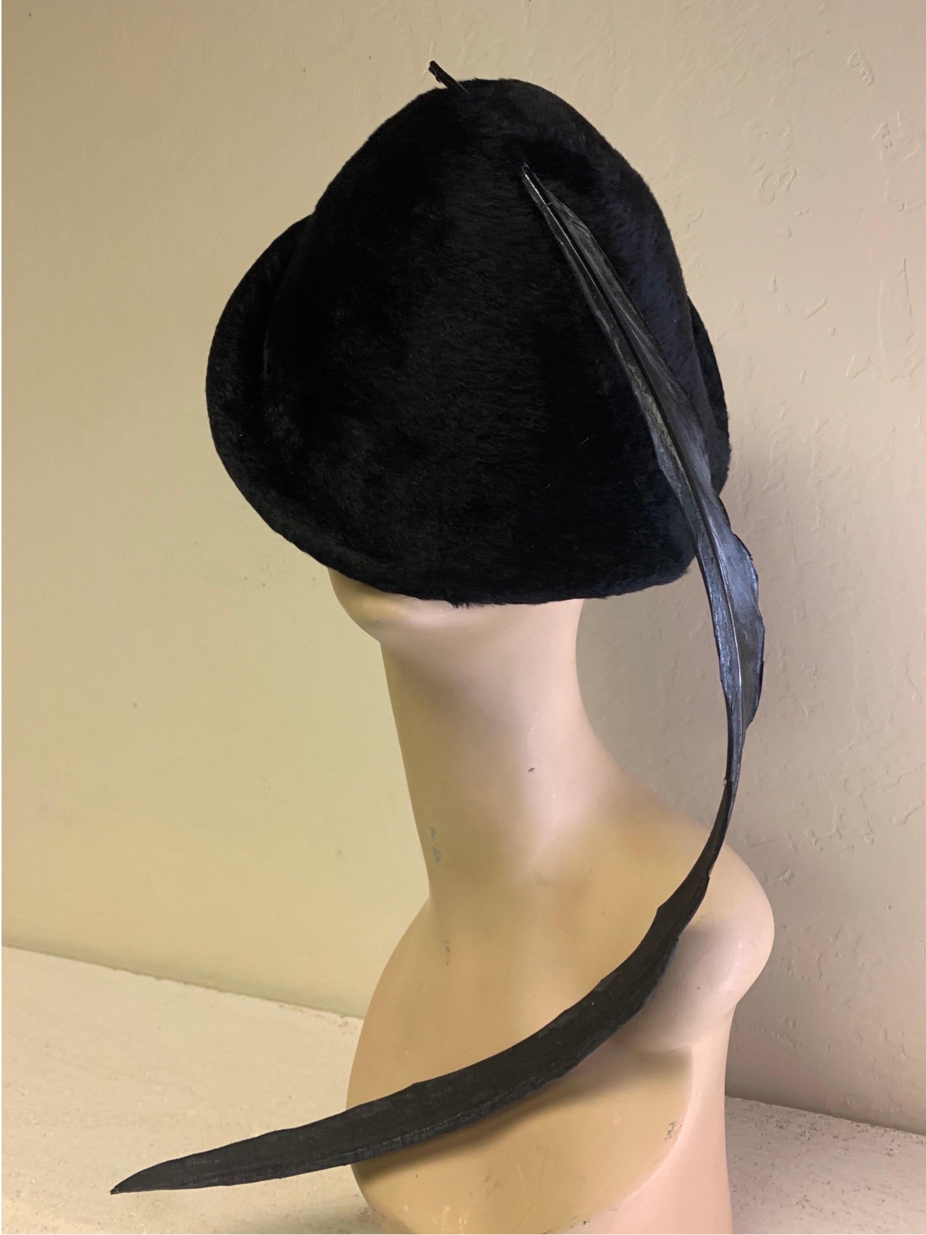 1970 Yves Saint Laurent Black Fur Felt Molded Hat w/ LONG Lacquered Feather For Sale 4