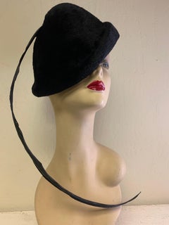 1970 Yves Saint Laurent Black Fur Felt Molded Hat w/ LONG Lacquered Feather