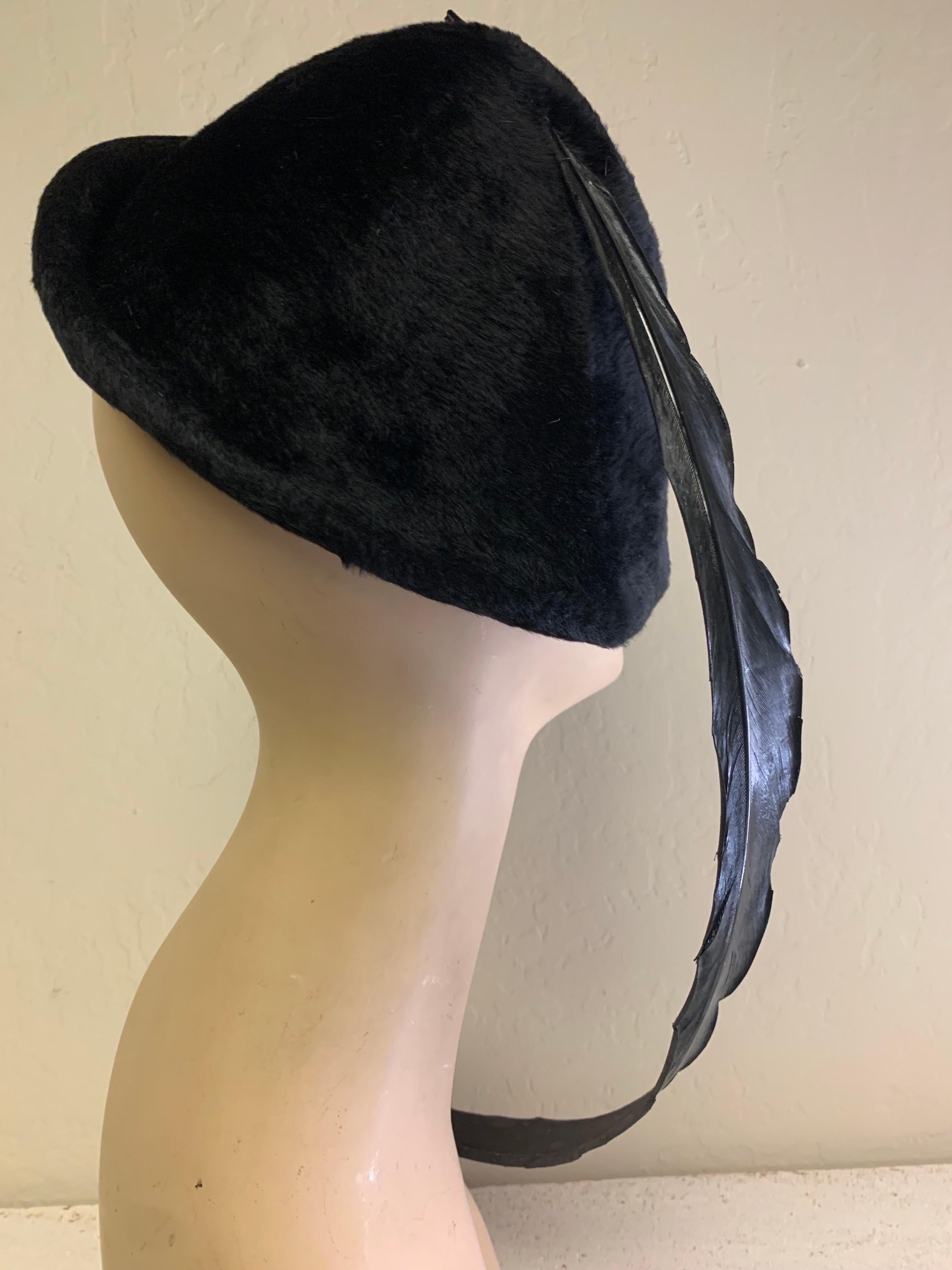 1970 Yves Saint Laurent Black Fur Felt Molded Hat w/ LONG Lacquered Feather In Excellent Condition For Sale In Gresham, OR