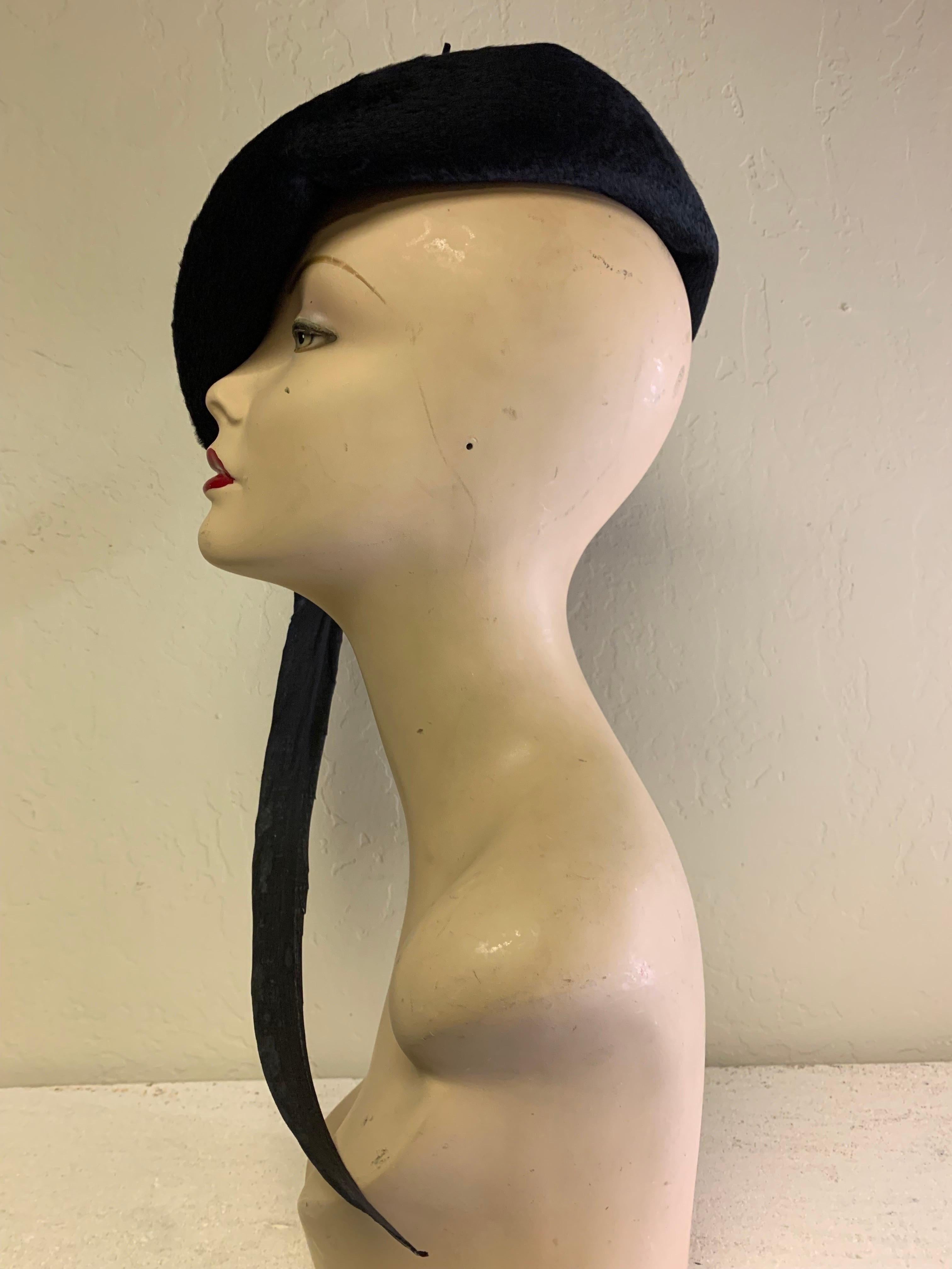 Women's or Men's 1970 Yves Saint Laurent Black Fur Felt Molded Hat w/ LONG Lacquered Feather For Sale
