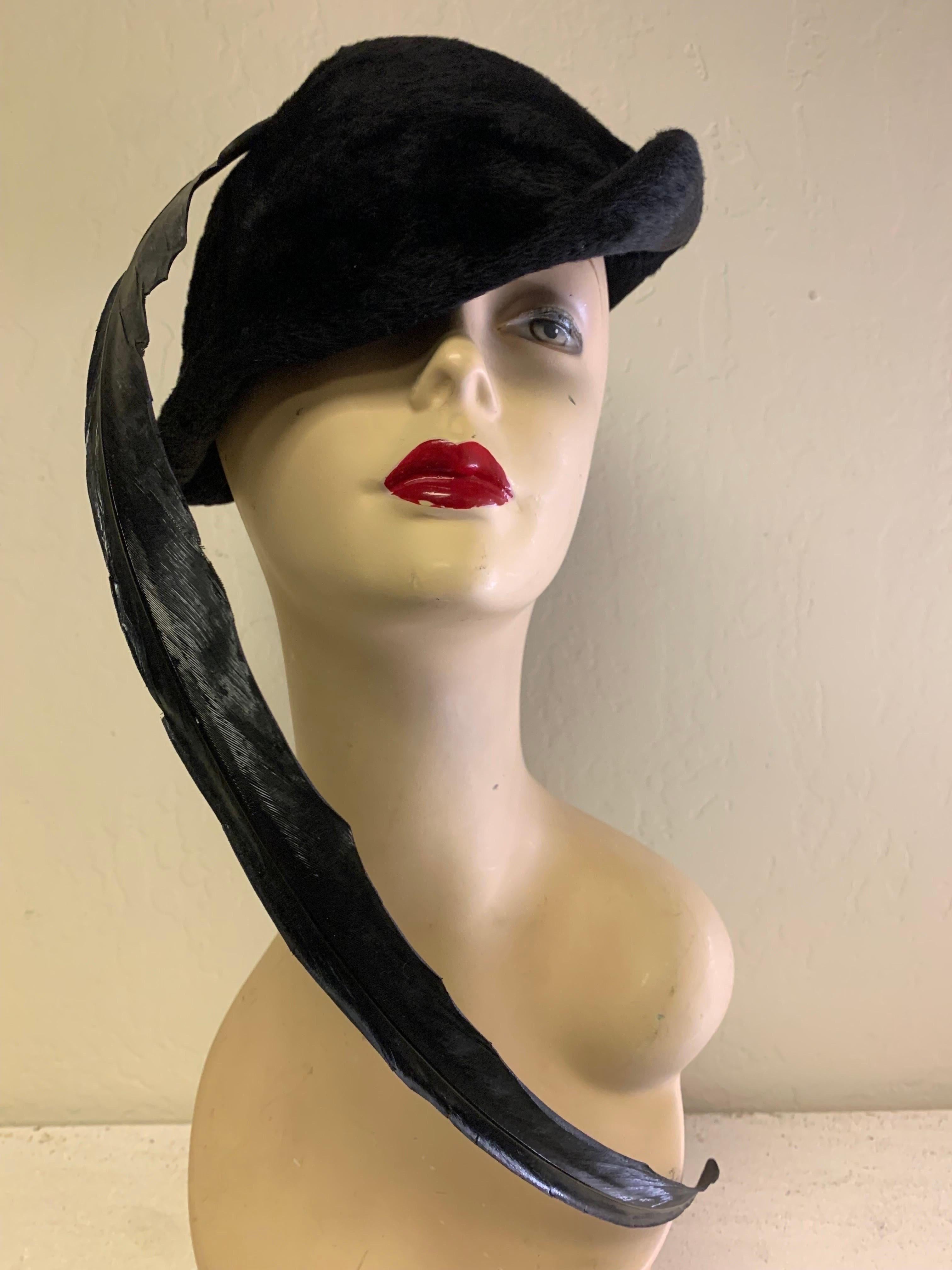 1970 Yves Saint Laurent Black Fur Felt Molded Hat w/ LONG Lacquered Feather For Sale 1