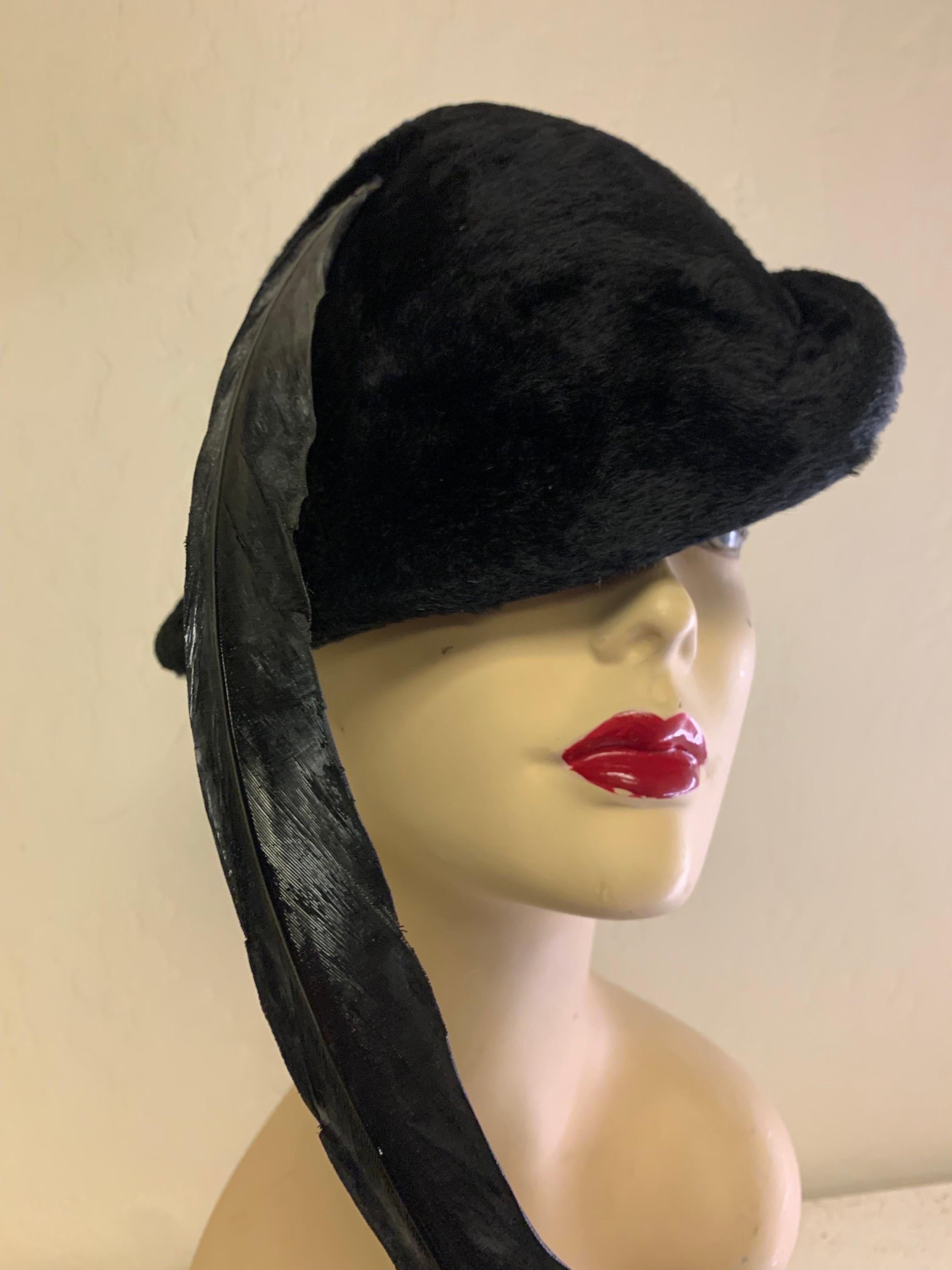 1970 Yves Saint Laurent Black Fur Felt Molded Hat w/ LONG Lacquered Feather For Sale 2