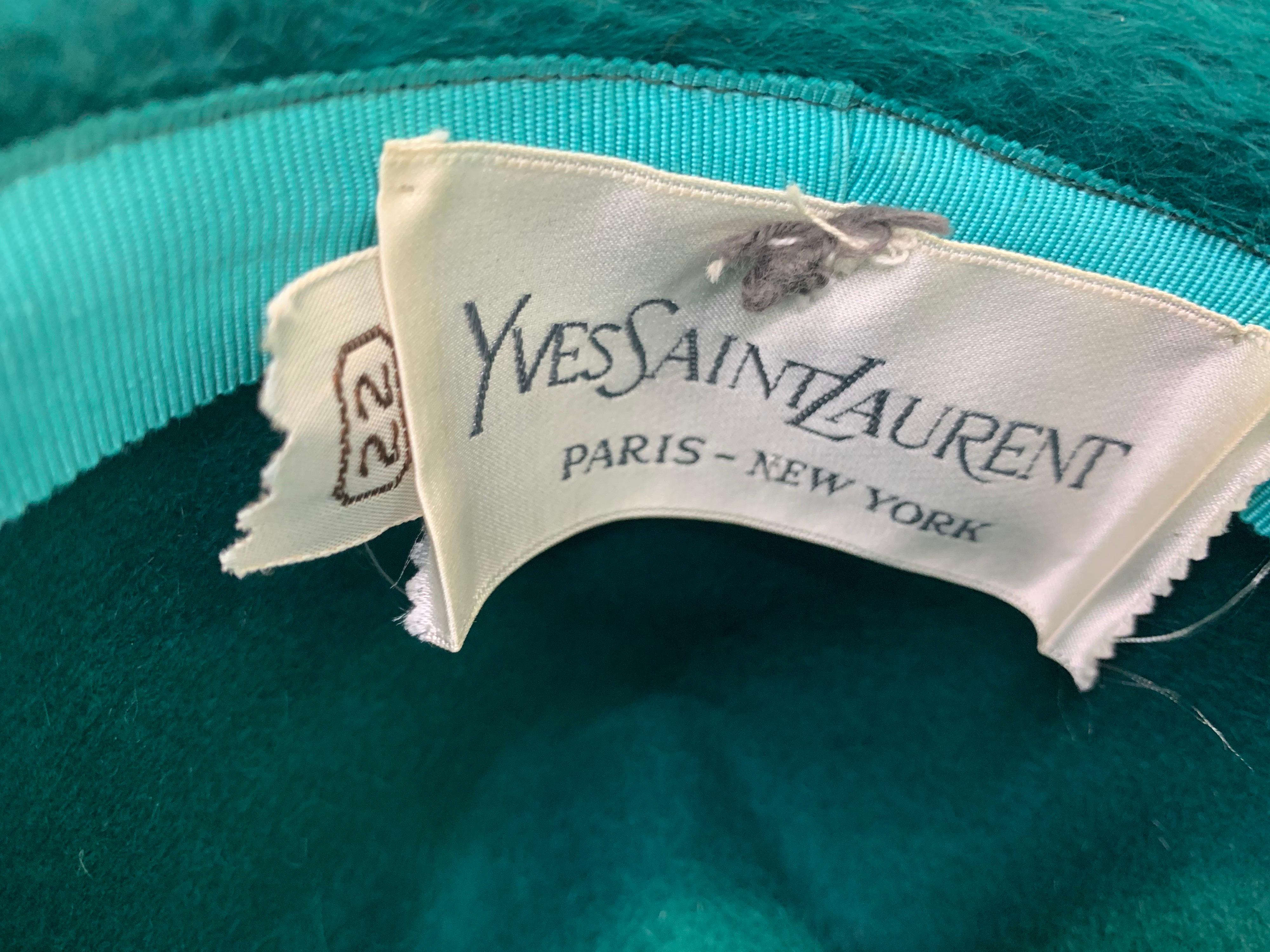 1970 Yves Saint Laurent Emerald Green Fur Felt Fedora W/ Ribbon Streamers  6