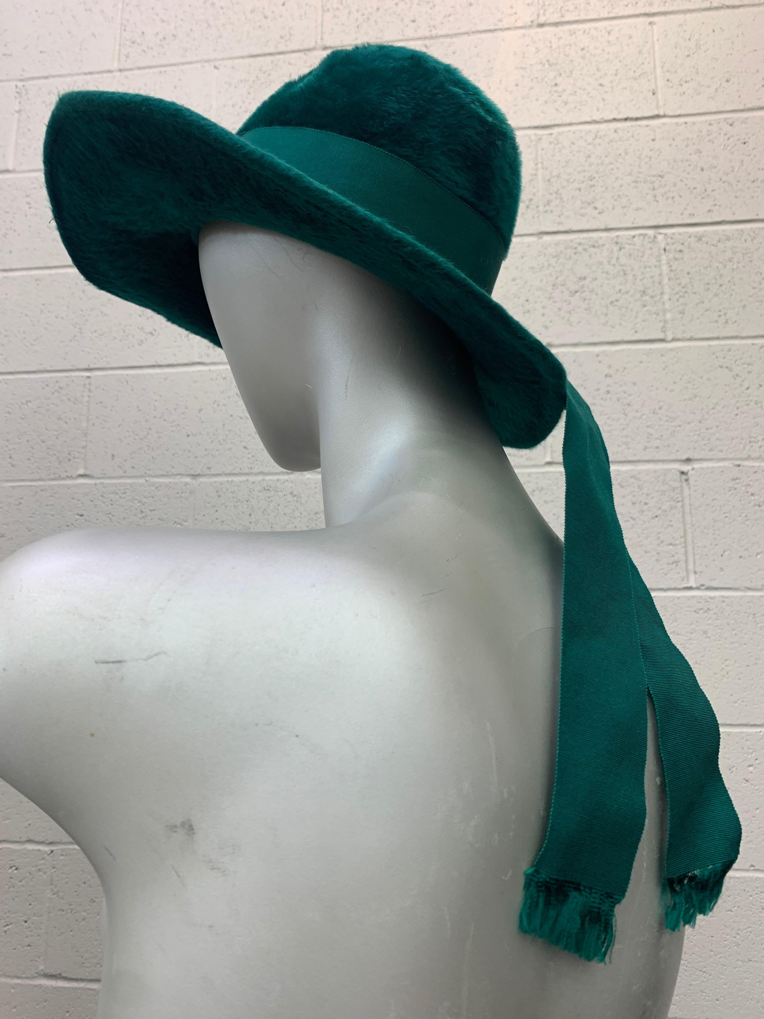 1970 Yves Saint Laurent Emerald Green Fur Felt Fedora W/ Ribbon Streamers  In Excellent Condition In Gresham, OR