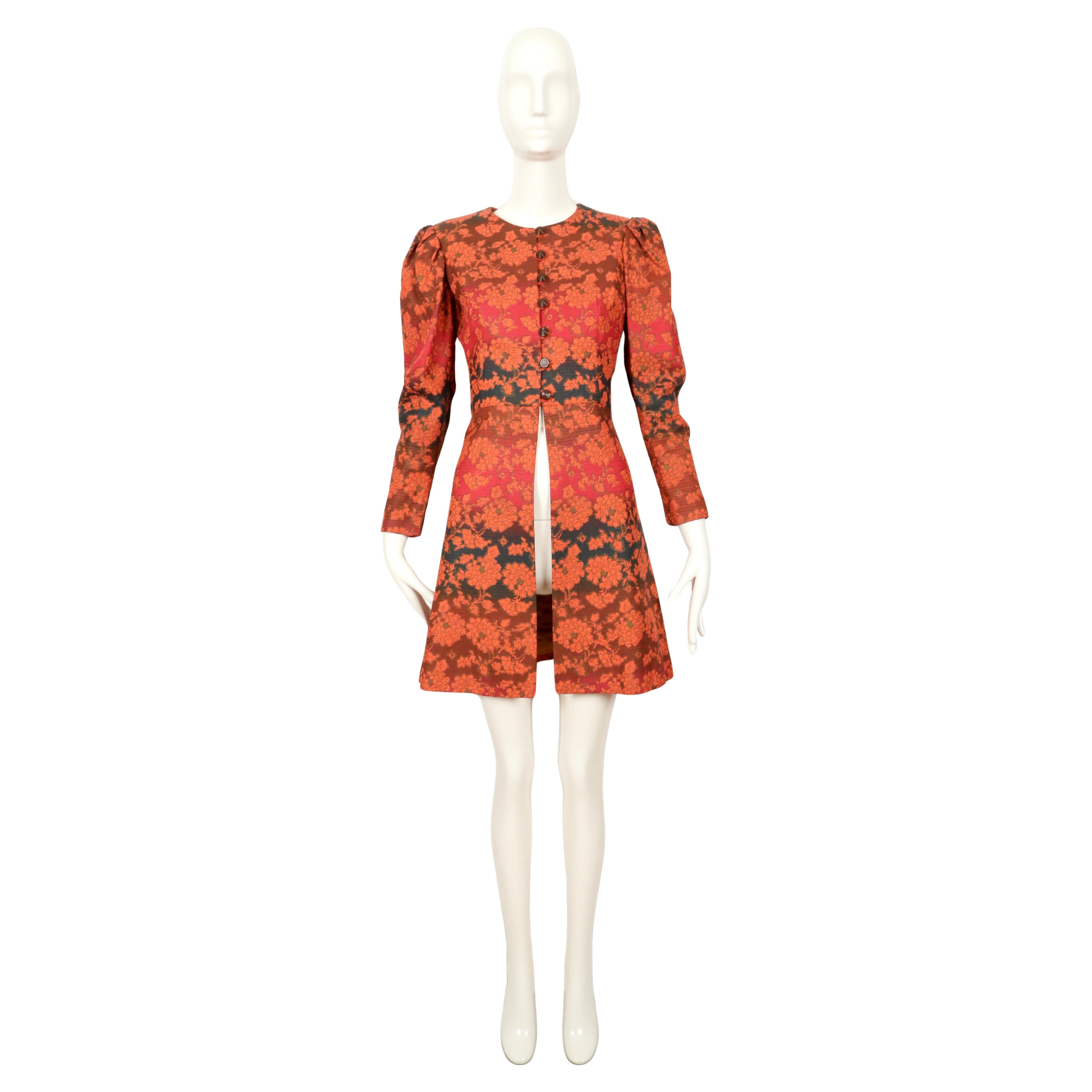 Brown 1970 YVES SAINT LAURENT gradient color floral coat with puff sleeves For Sale