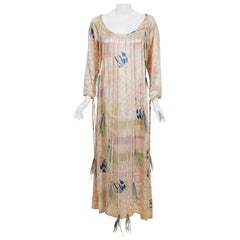 1970 Zandra Rhodes Attributed Print Silk Satin Feather-Fringe Maxi Dress Gown 