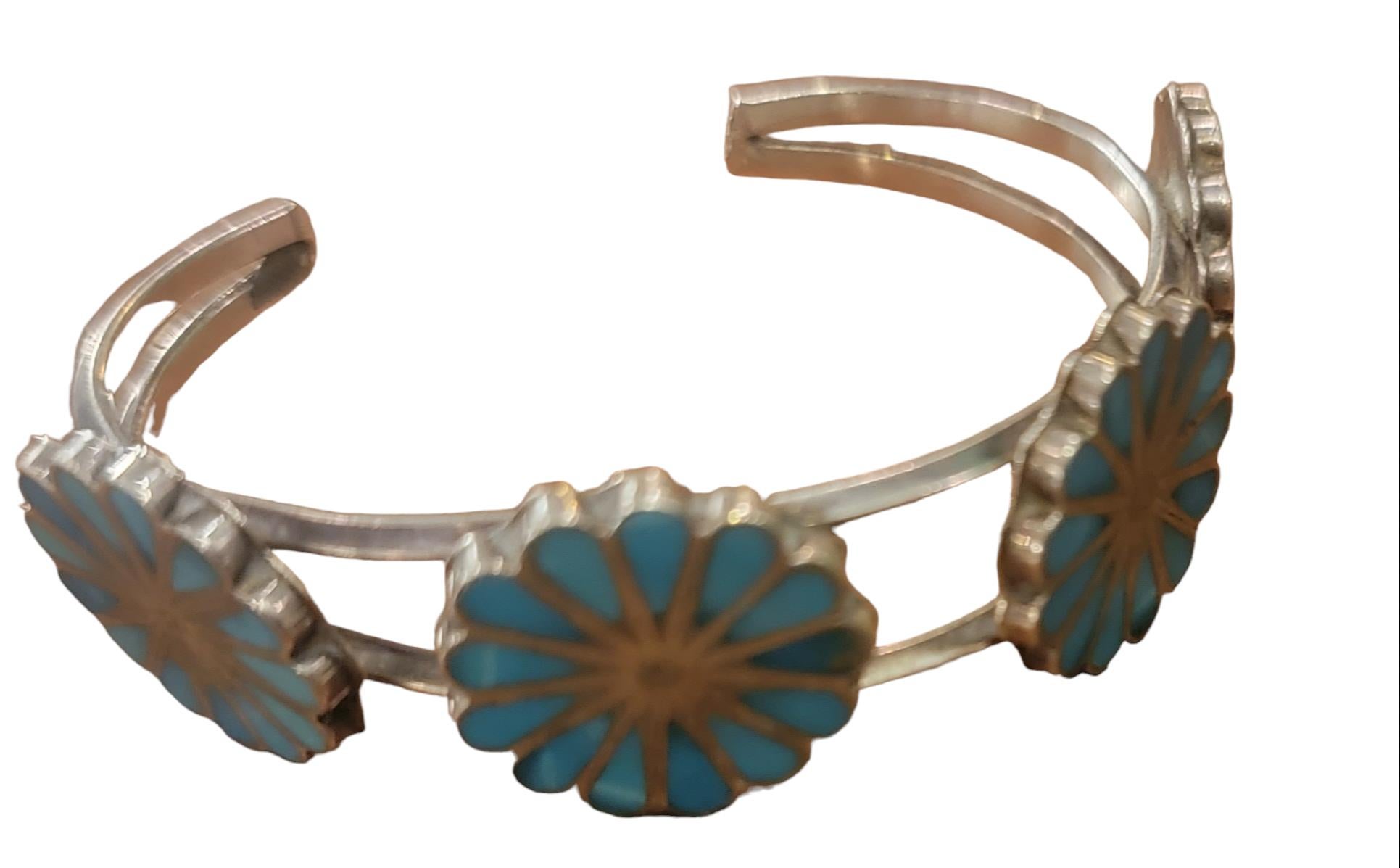 1970 Zuni Inlay Navajo Sterling Turquoise Cuff Bracelet For Sale 5