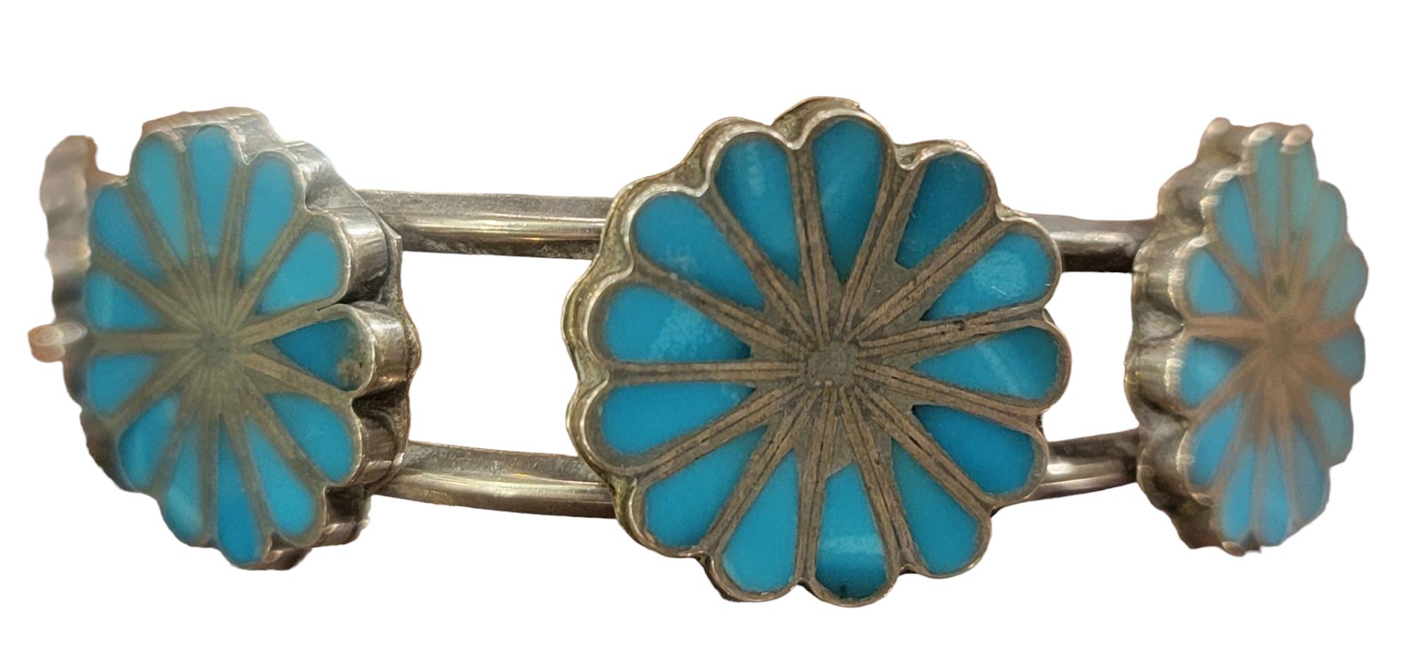 Women's or Men's 1970 Zuni Inlay Navajo Sterling Turquoise Cuff Bracelet For Sale