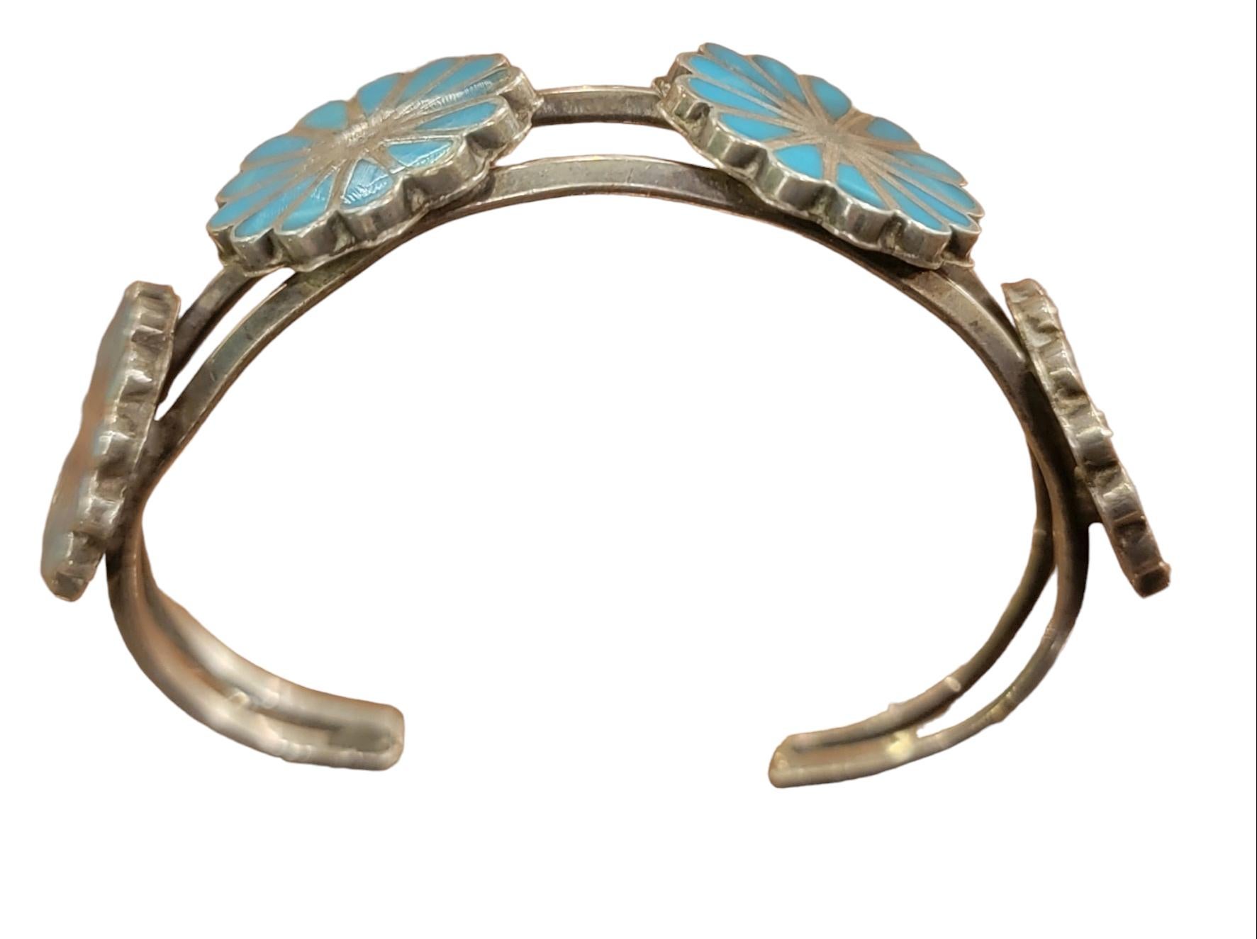 1970 Zuni Inlay Navajo Sterling Turquoise Cuff Bracelet For Sale 2