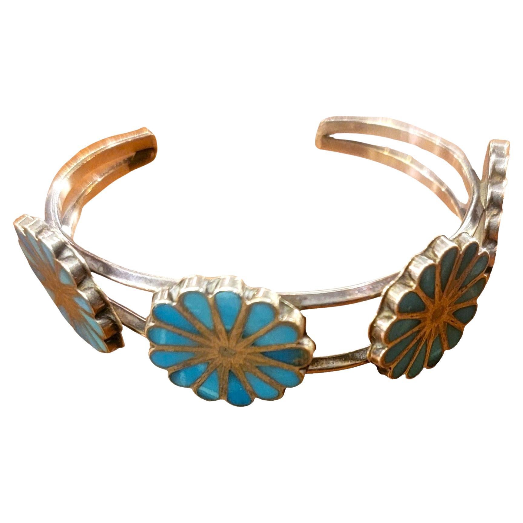 1970 Zuni Inlay Navajo Sterling Turquoise Cuff Bracelet For Sale