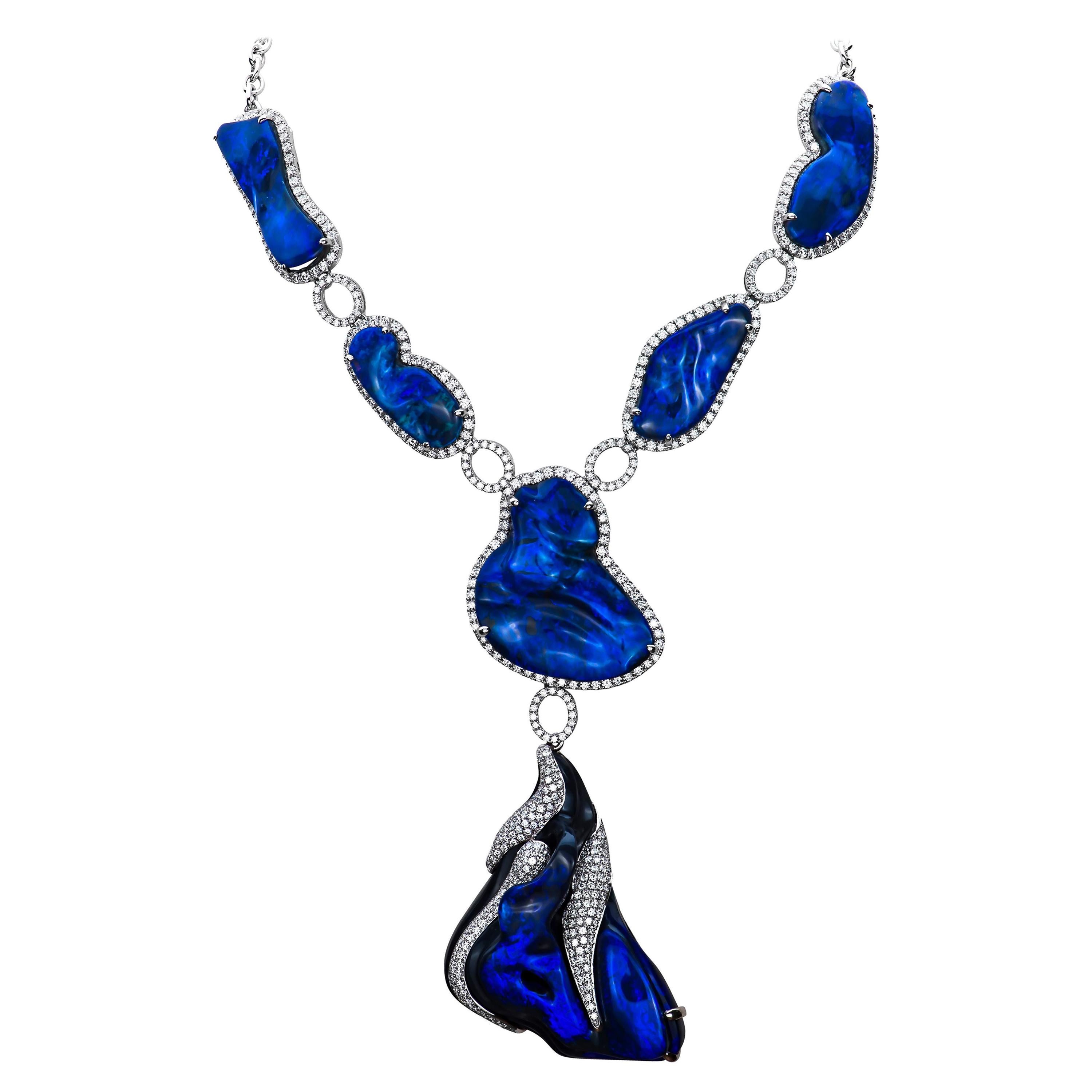 197.00ctw Lightning Ridge Black Opal 6.27ct Diamond AGTA Award Winning Necklace For Sale