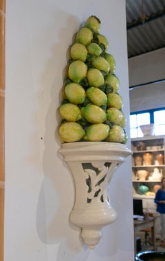 1970a Pair of Ceramic Handpainted Wall Lamps with a Lemon Stack Design