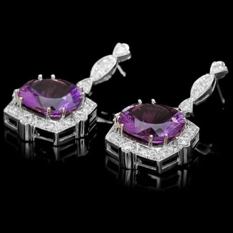 Mixed Cut 19.70ct Natural Amethyst and Diamond 14K Solid White Gold Earrings For Sale