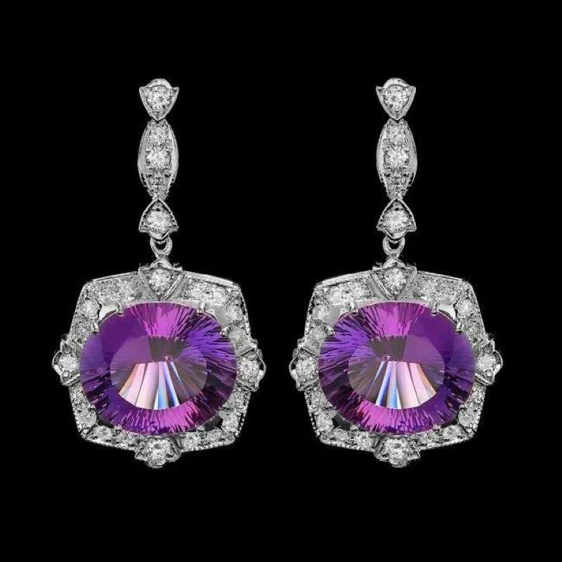19.70ct Natural Amethyst and Diamond 14K Solid White Gold Earrings In New Condition For Sale In Los Angeles, CA